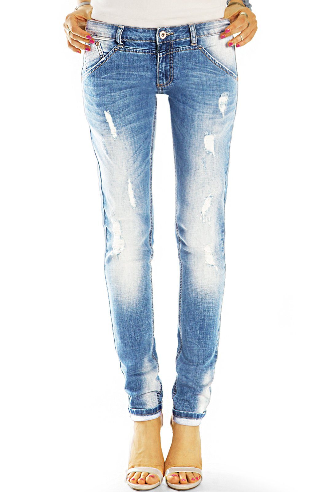 be styled Destroyed-Jeans Vintage Röhrenjeans Hosen Stretch-Anteil, Damen Slimfit Skinny Hüftjeans Jeans- j14k-4 - waist low mit 5-Pocket-Style zerissene