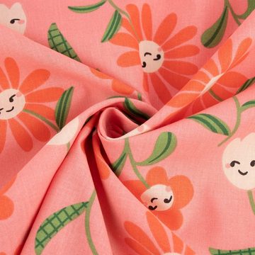 SCHÖNER LEBEN. Stoff Baumwollstoff Kinderstoff Webware Lisa Blumen-Gesichter rosa 1,47m, allergikergeeignet