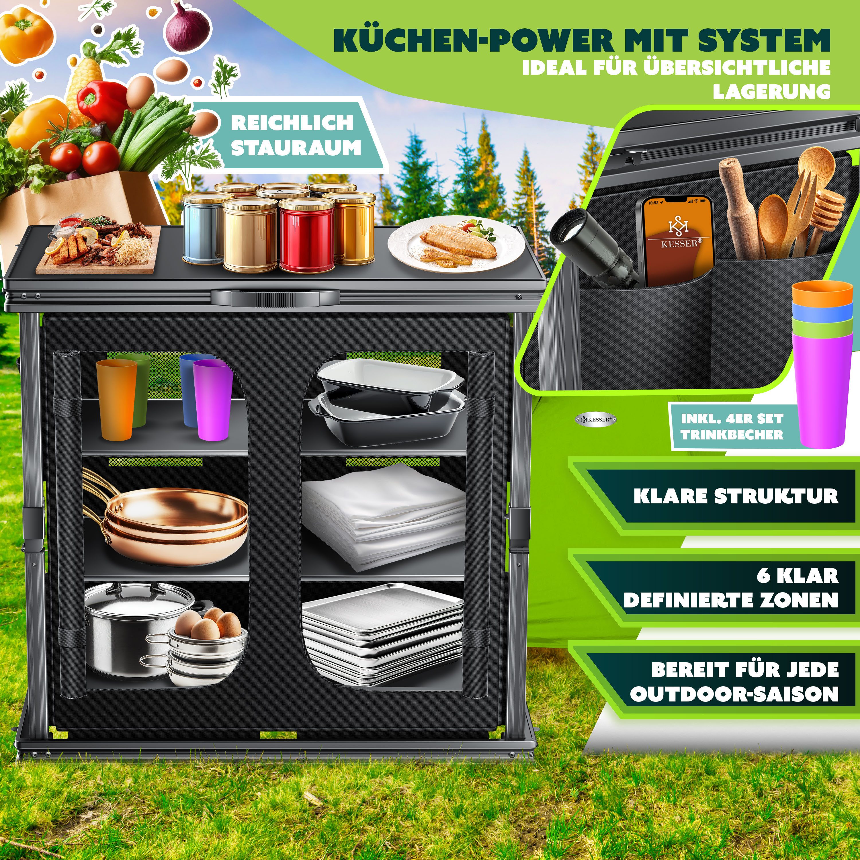 KESSER Campingschrank mit Aluminiumgestell Campingküche faltbar 84x80cm 6-Fachböden (Küchenschrank inkl. 4er Becherset, Seitentaschen & Fliegengitter) Outdoor C – Bild 2 von 5