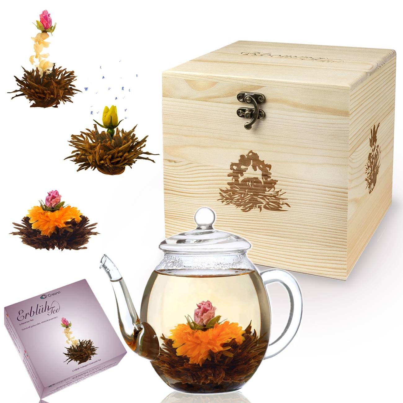 Creano Tee Teeblumen Geschenkset mit 500ml Glaskanne - 6 Teerosen (Schwarzer Tee), 1 x 6 St.