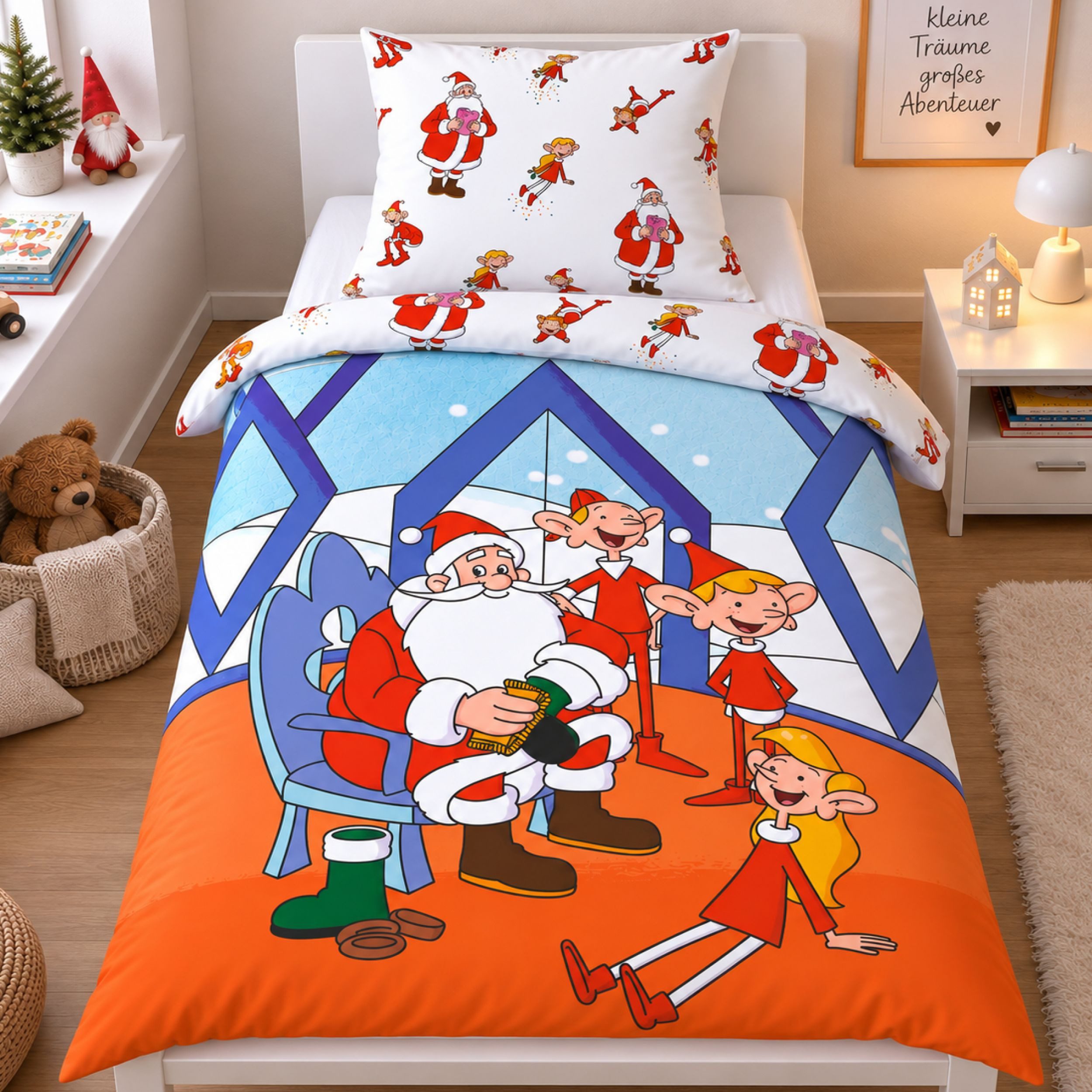 Familando Kinderbettwäsche Weihnachtsmann & Co.KG WUCK 135x200 80x80 cm 100% Baumwolle, Renforcé, 2 teilig, Bettwäsche mit liebevollem Motiv für Mädchen und Jungen