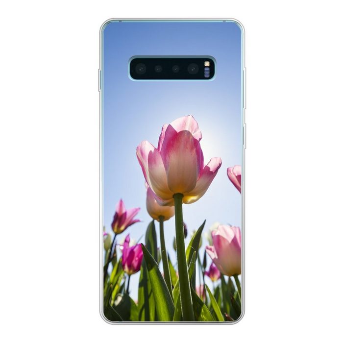 MuchoWow Handyhülle Rosa Tulpen heben sich vom blauen Himmel ab Phone Case Handyhülle Samsung Galaxy S10+ Silikon Schutzhülle