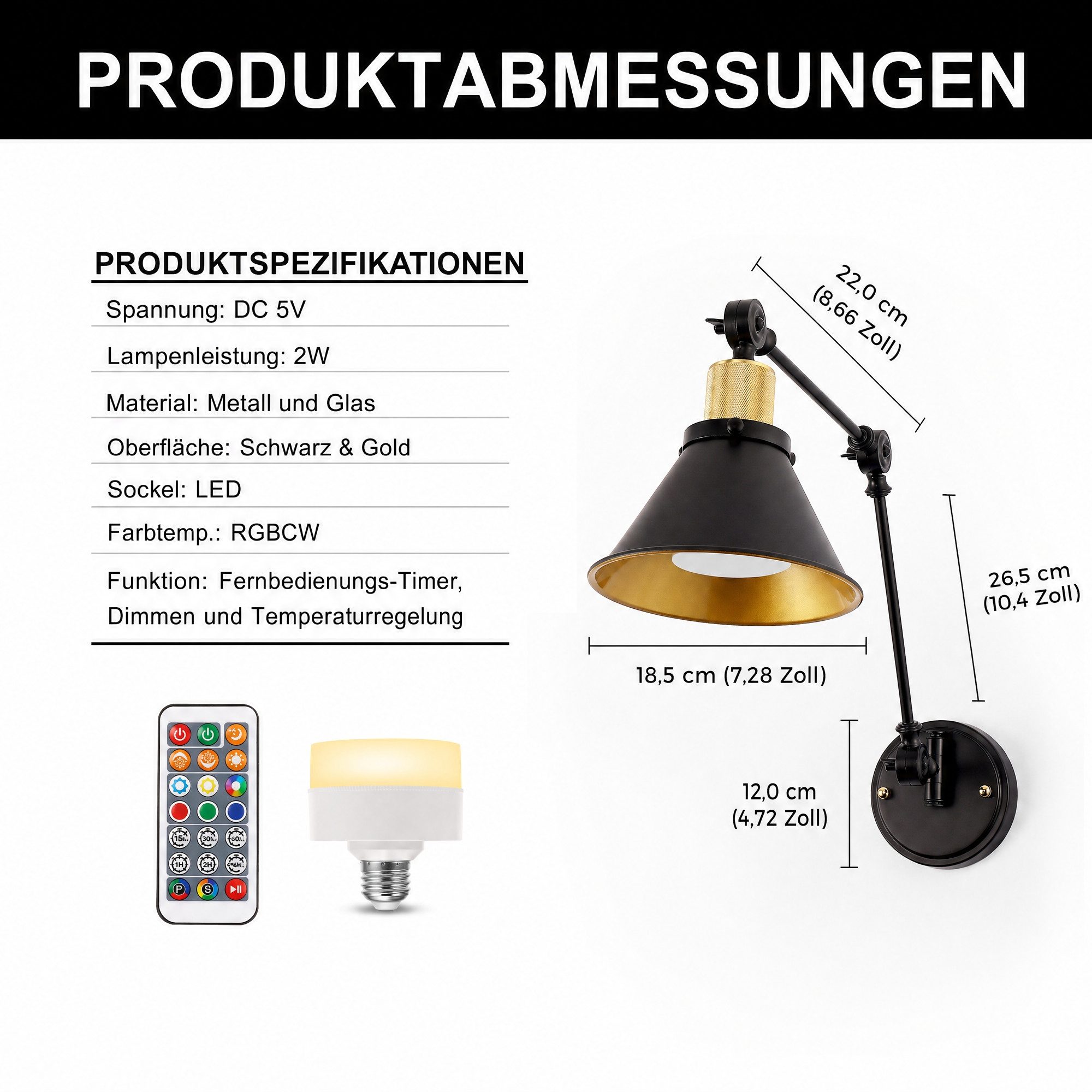 LOHAS-LED Wandleuchte 2er Set Vintage Wandlampe mit zweifach schwenkbarem Arm, LED wechselbar, Warmweiß bis Kaltweiß mit RGB-Farbwechsel, Akku-Lesewandlampe RGBCW E26 mit Fernbedienung + 1m Type-C-Kabel
