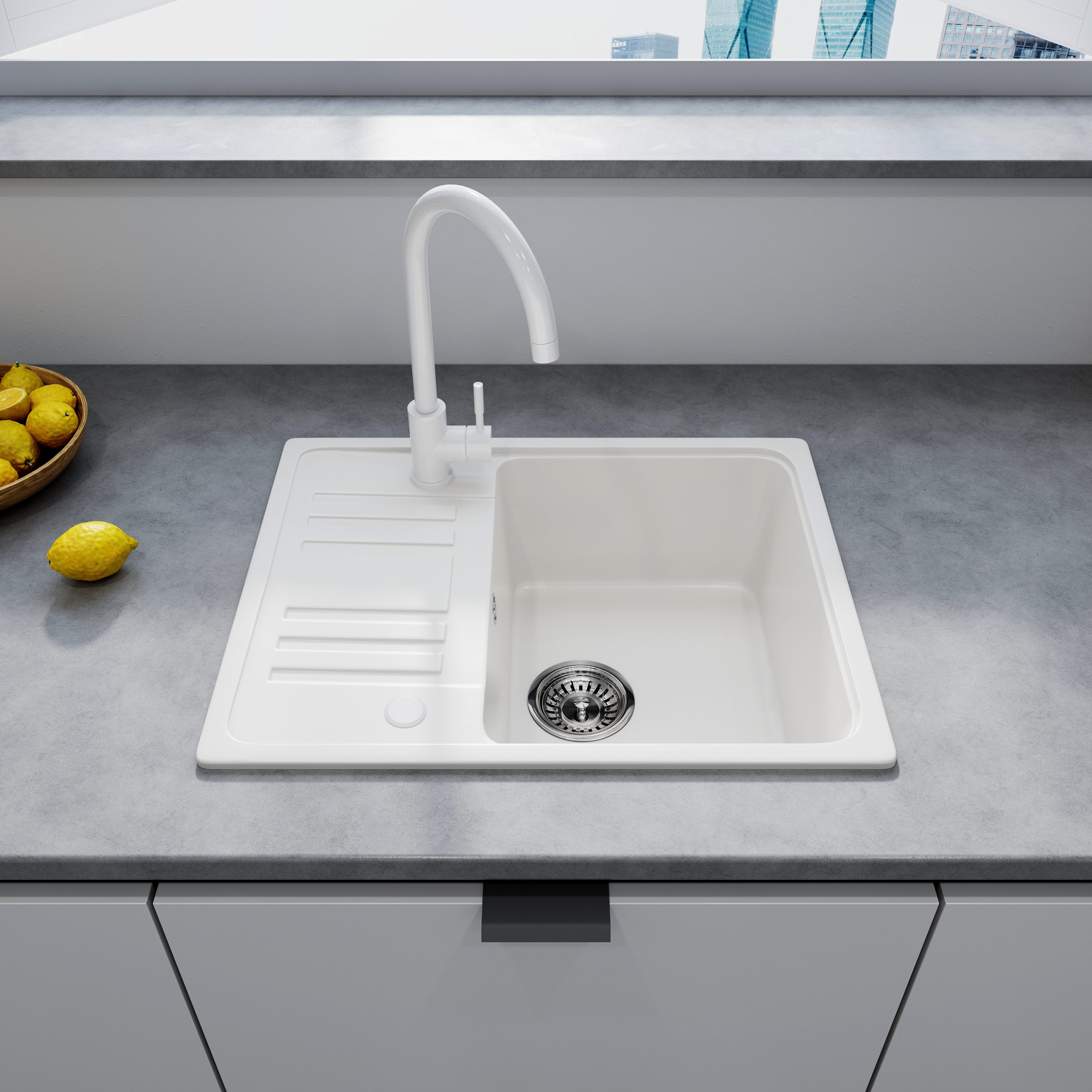 HOROW Granitspüle Granit Spüle in Schwarz 1 Becken Einbauspüle in 57 x 45 cm, 57/45 cm, mit Siphon Ab- und Überlaufgarnitur