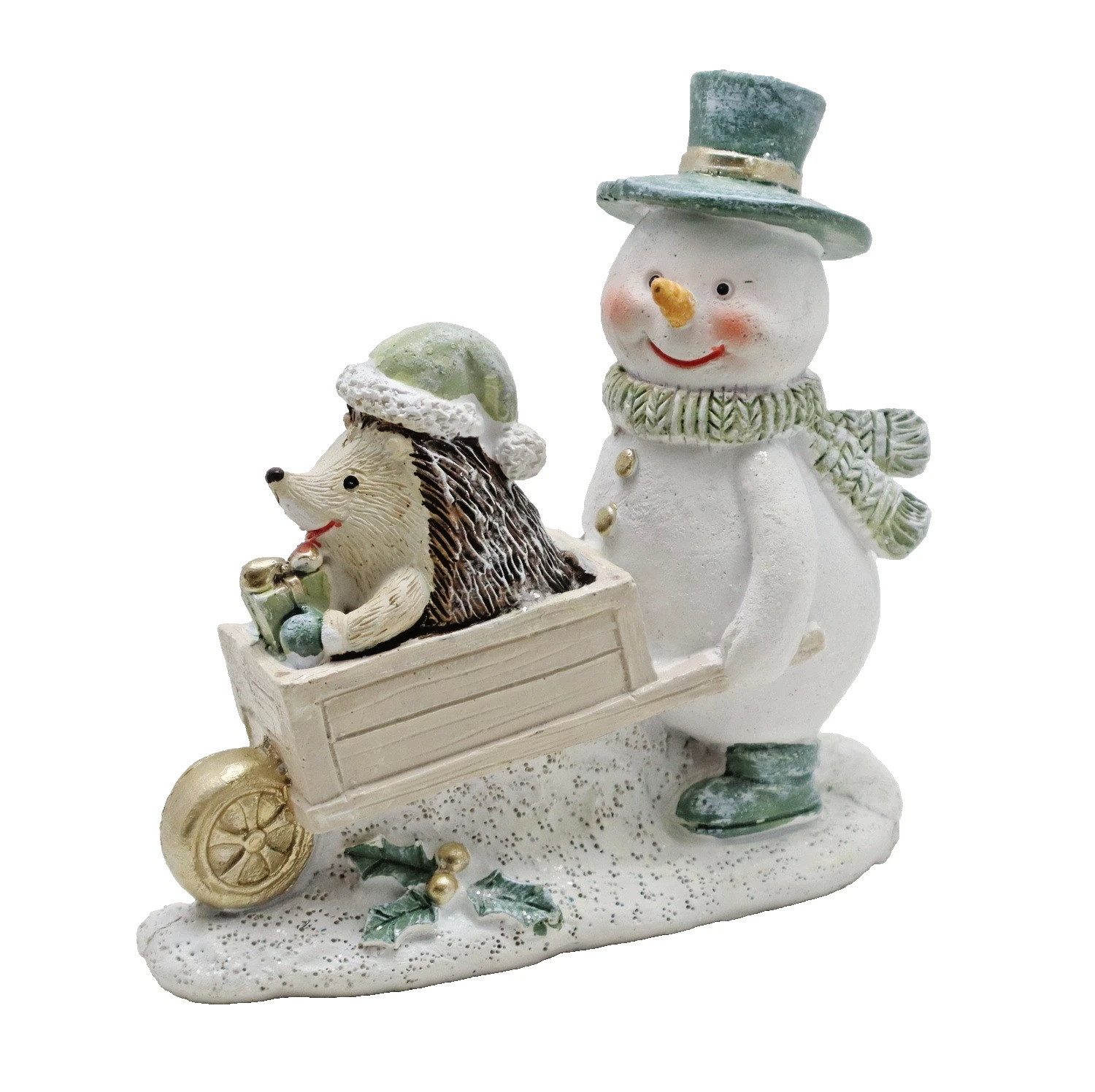 Kaufhaus le petit Weihnachtsfigur Schneemann mit Igel Deko Figur Karre Skulptur Objekt Weihnachtsfigur, Winterfigur Dekoskulptur Dekoobjekt Dekofigur Polyresin (Kunststein)