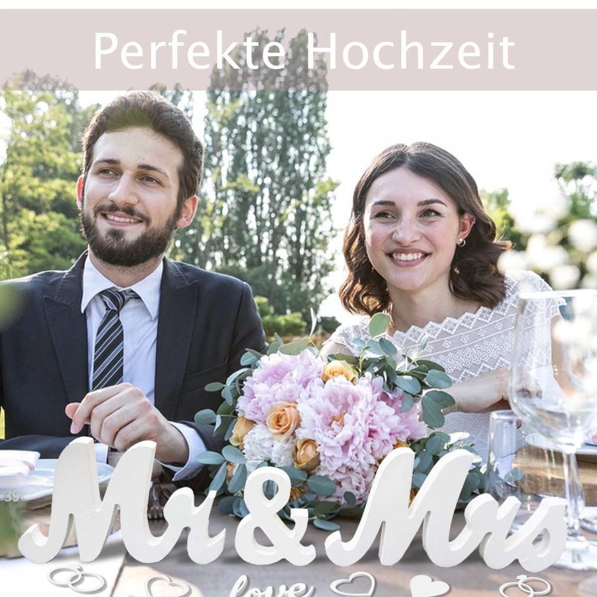 FOUORTUNATE-BEE Dekohänger Mr & Mrs Holzdeko Hochzeit Tischdeko Hochzeitsdekoration Set, Für Hochzeit, Verlobung, Silberhochzeit, Festliche Tischdekoration