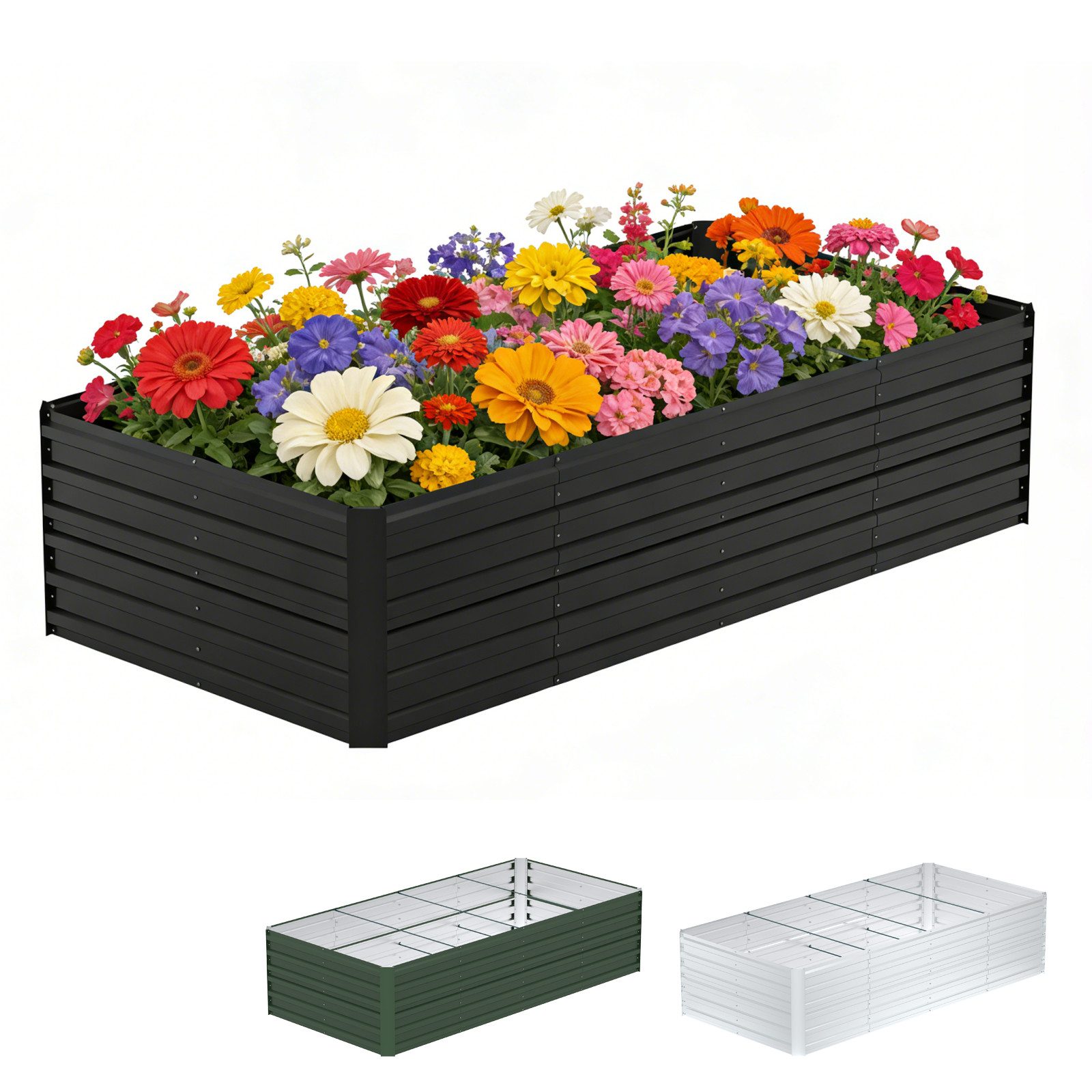Ferghana Hochbeet Metall Rechteckig Verzinktes Gartenbeet (4 Größen S/M/L/XL & 3 Farben Schwarz/Grün/Silber, Bodenloses Pflanzbeet Rostfrei Wetterfest), Für Gemüse Kräuter Blumen Garten Balkon Terrasse
