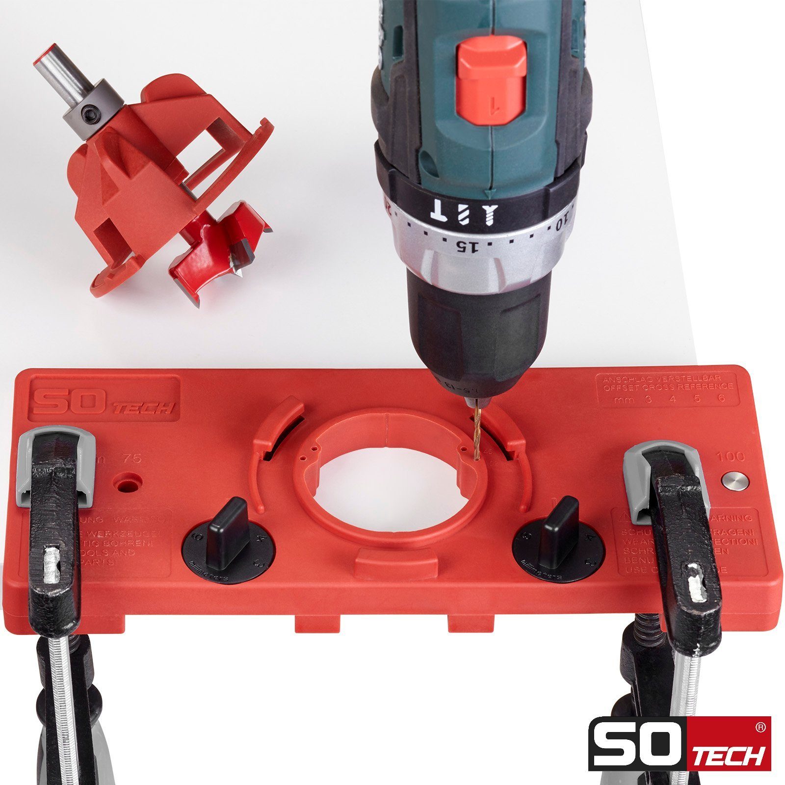 SO-TECH® Möbelbeschlag Bohrschablone BSK-35-T45 / T52 für Topfband Scharnier (1 St), mit Forstnerbohrer Ø 35 mm für Topfscharniere – Bild 4 von 5
