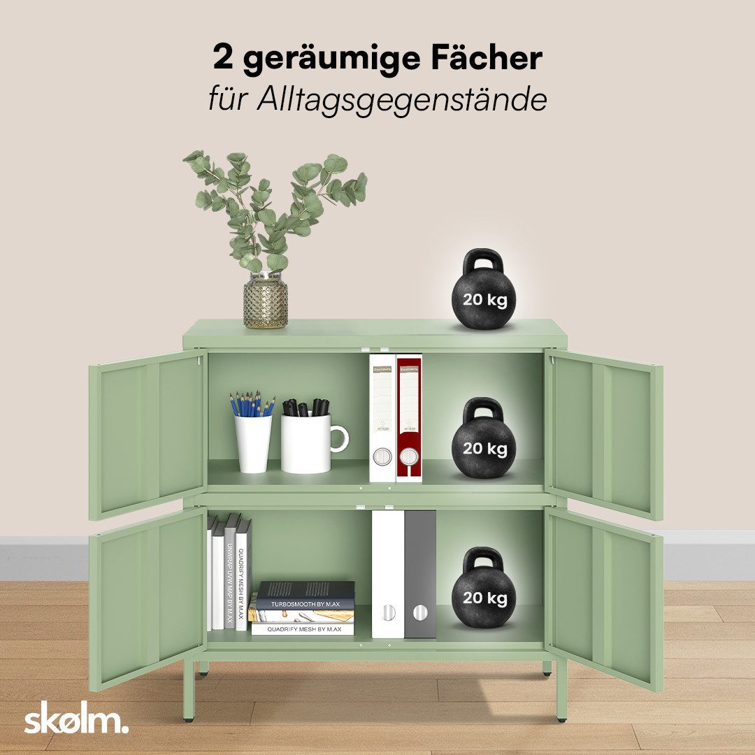 skølm Kommode Atriona aus Metall (Mintgrün, 2 Fächer & 4 Türen), Metallschrank 81 x 80 x 38 cm, auch verfügbar mit 3 Fächern
