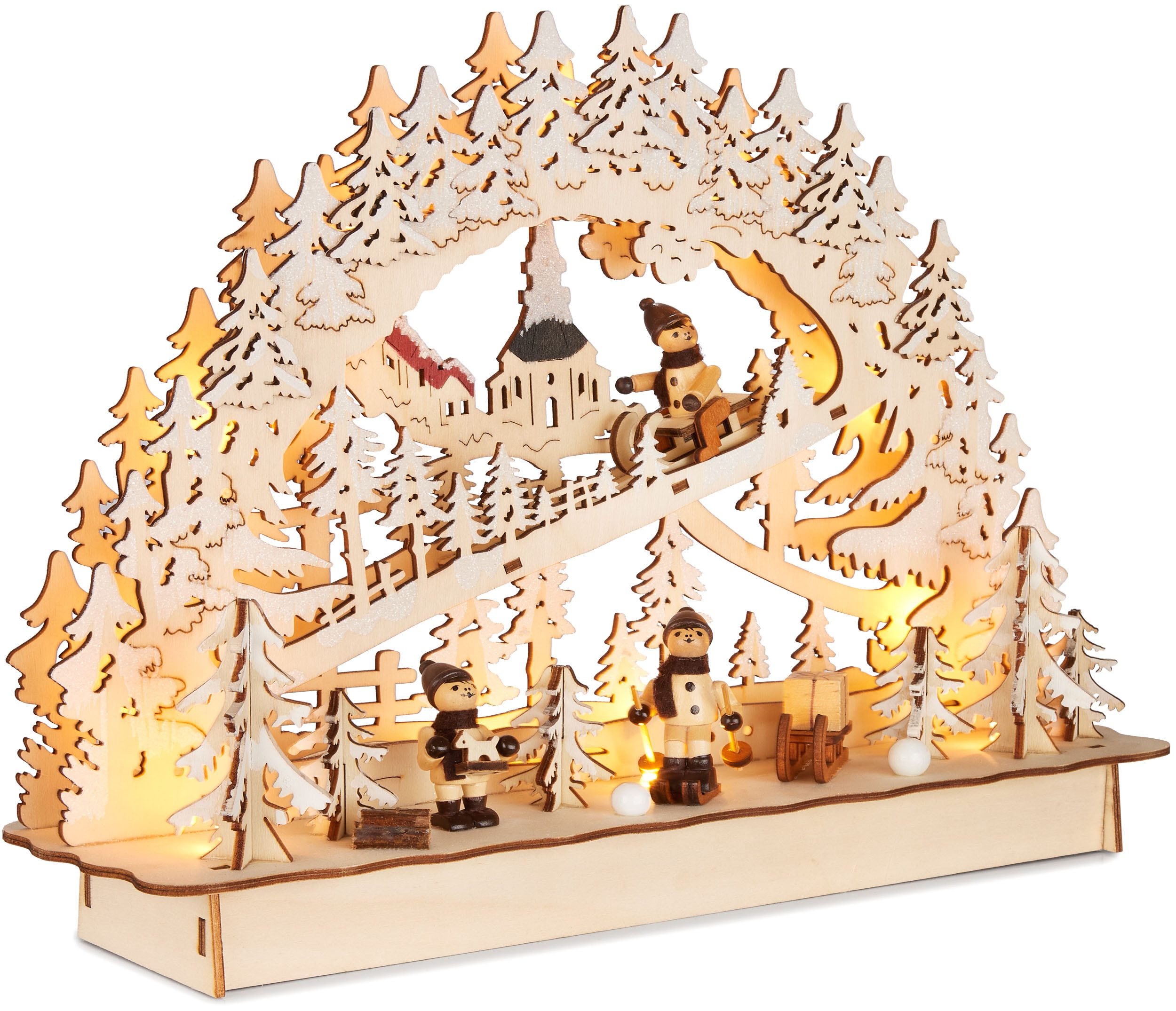 BRUBAKER LED Schwibbogen 3D Lichterbogen - Schlittenfahrt im Wald - Holz Weihnachtsbeleuchtung (1-tlg), 22 x 32 x 9 cm - Handbemalte Figuren - Weihnachtsdeko für Tisch