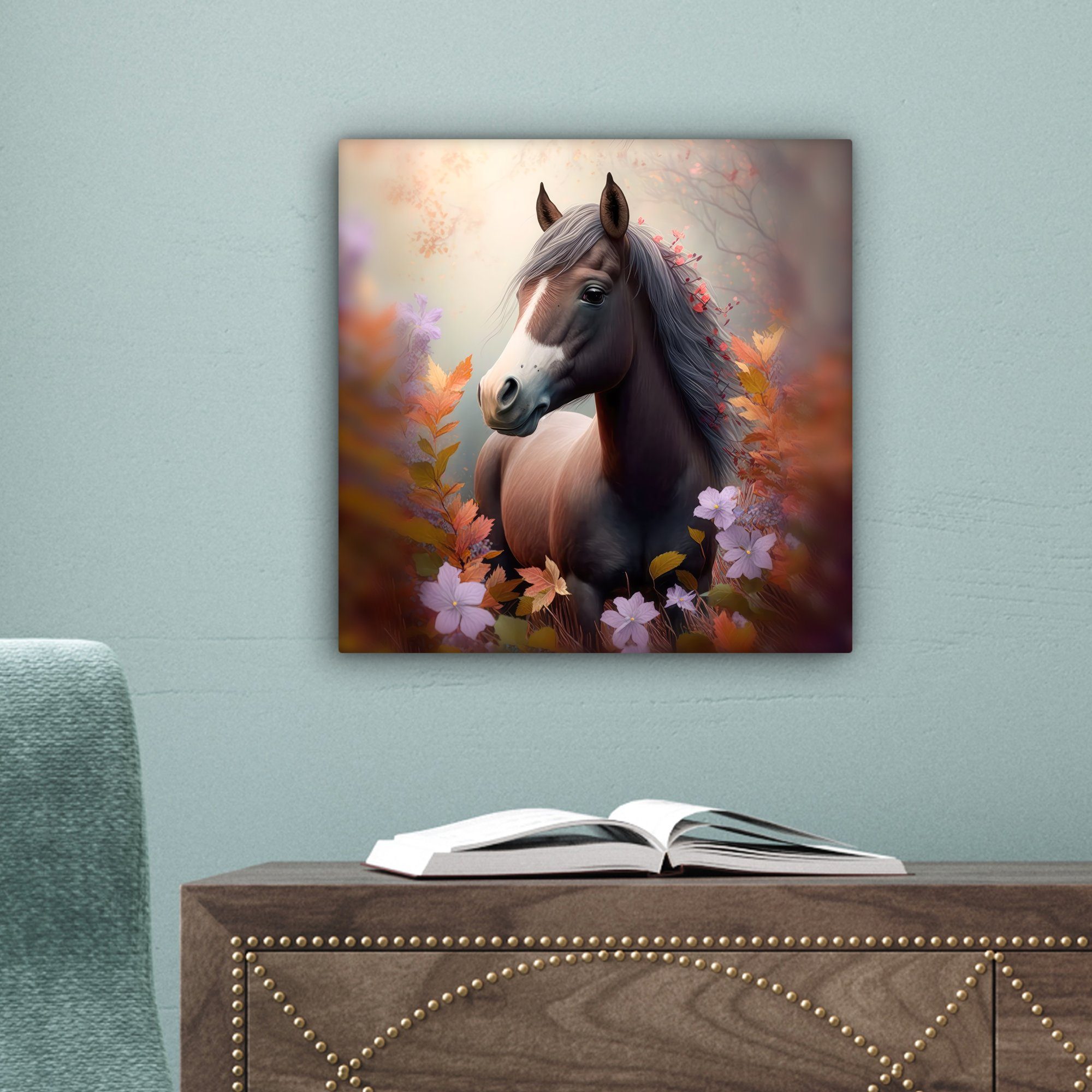 Leinwandbild - Wohnzimmer für Schlafzimmer, (1 - Bilder Lila - cm St), - Natur Blumen Pferd OneMillionCanvasses® Leinwand Tiere, 20x20