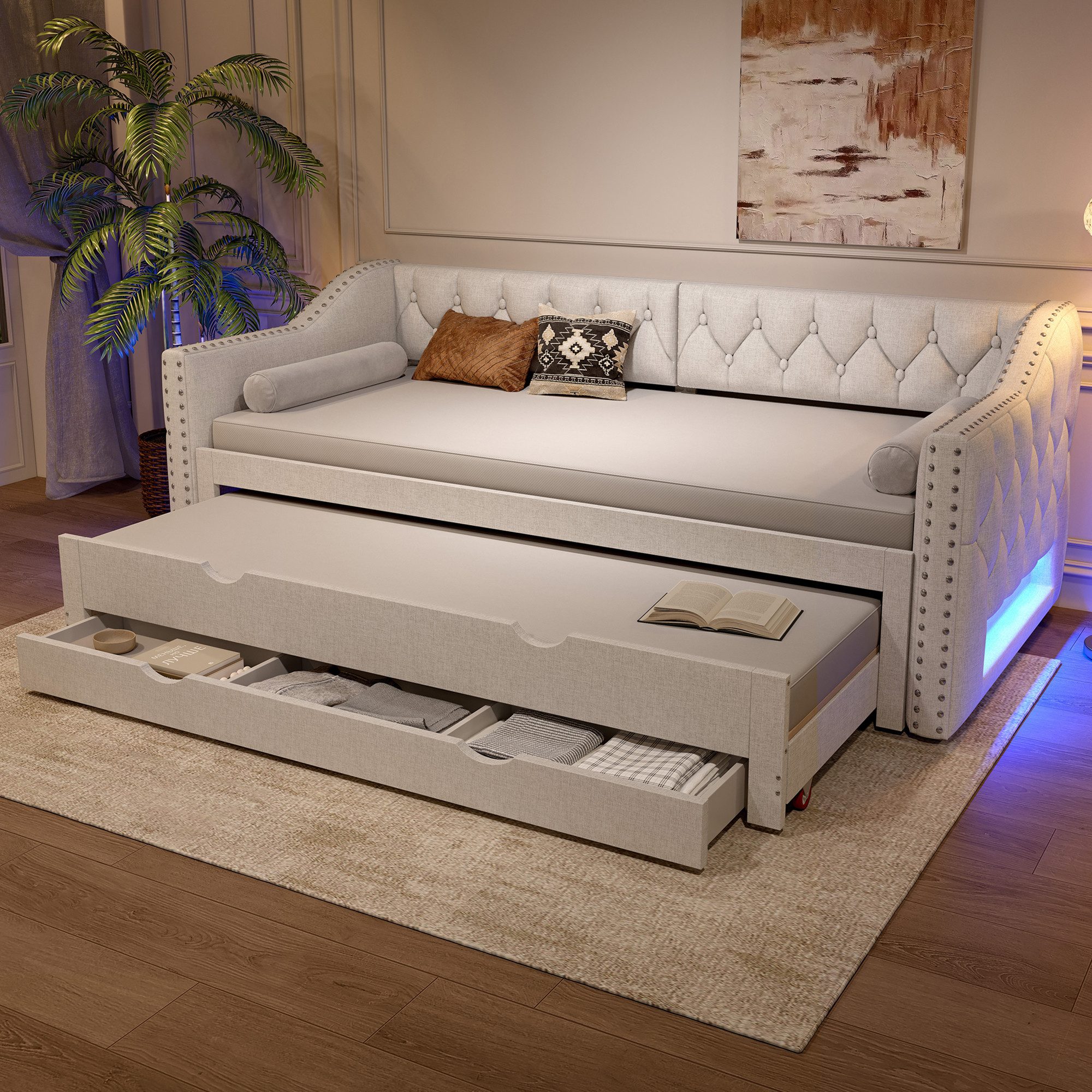 SOFTWEARY Stauraumbett Schlafsofa mit Bettfunktion (90x200 cm, mit LED-Beleuchtung, Gästebett und Schubladen), Einzelbett mit Lattenrost, Polsterbett, Leinen