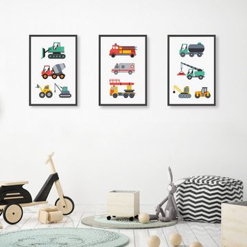 Himmelzucker Poster DIN A4 Wandbilder für Kinderzimmer Autos Baustelle Feuerwehrauto, Fahrzeuge (3-teiliges Poster-Set, 3 St), Bilder Kinderposter für Junge Mädchen (DIN A4 ohne Rahmen)