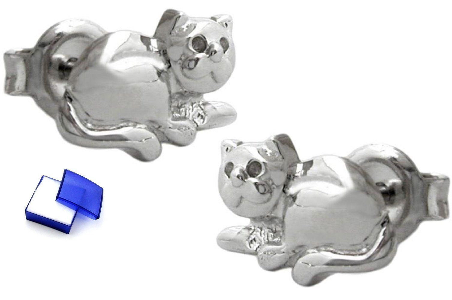 unbespielt Paar Ohrstecker 925 7 inkl. Ohrstecker Silber 10 Kinder für Katze Silberschmuck glänzend Schmuckbox, x mm liegende rhodiniert