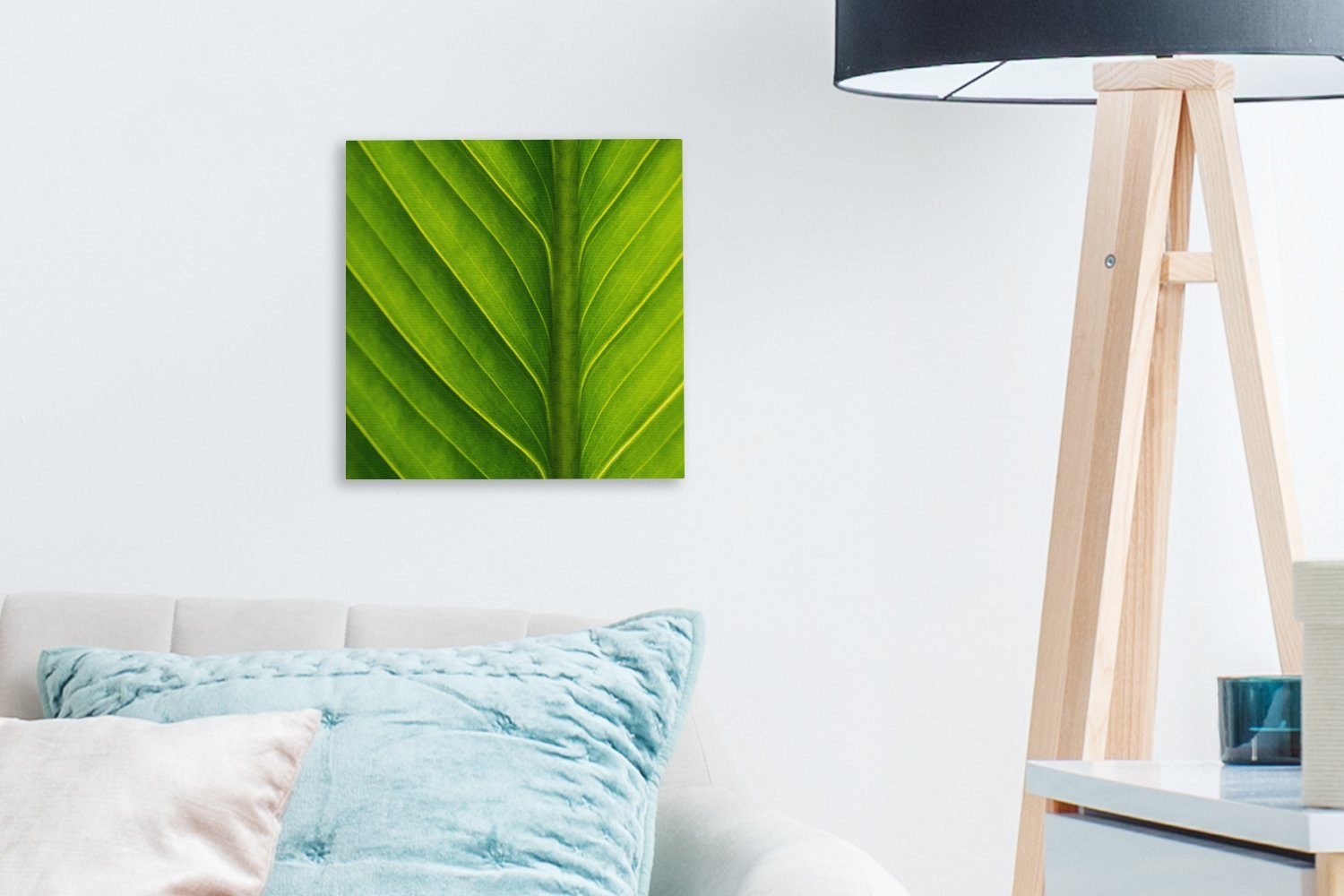 Blattes, Leinwand St), Schlafzimmer Foto hellgrünen (1 Wohnzimmer eines für botanischen Leinwandbild OneMillionCanvasses® Bilder