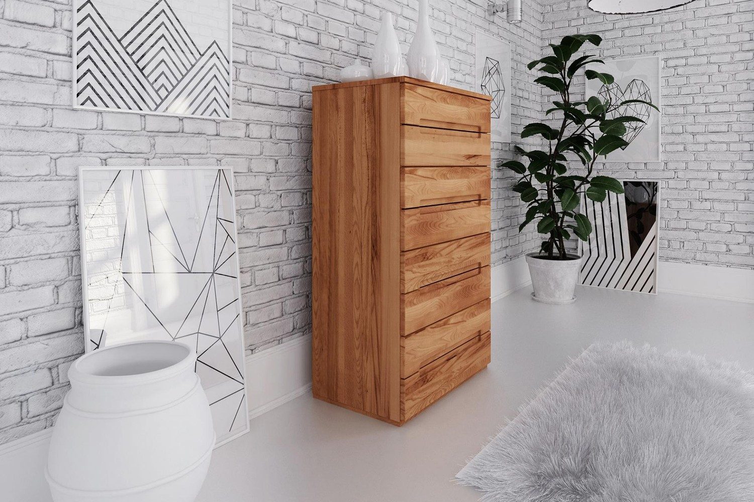 Natur24 Kommode Kommode Bento Kernbuche massiv 75x45x129cm mit 8 Schubladen