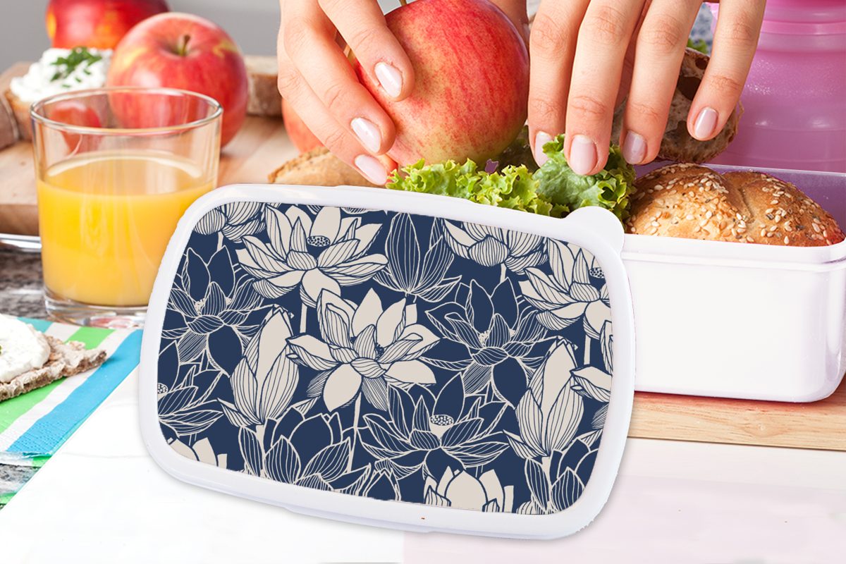 Kunststoff, Mädchen für für Jungs und - Muster, und Kinder - weiß Lunchbox Brotbox Lotus Brotdose, Erwachsene, MuchoWow Blau (2-tlg),