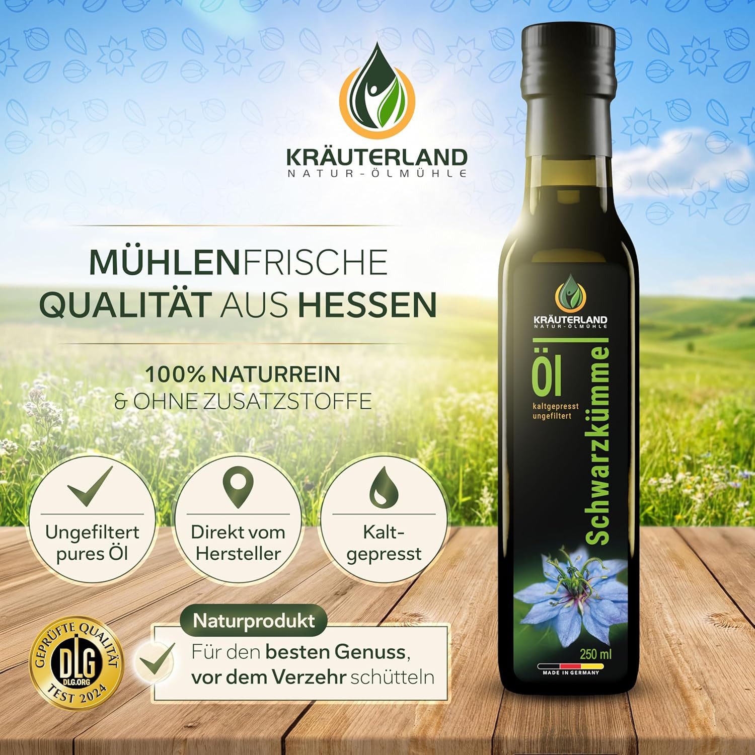 KRÄUTERLAND N A T U R - Ö L M Ü H L E Kräuterland Schwarzkümmelöl, Kaltgepresst, ungefiltert & naturrein Öl, 1 er 250 ml à 1 St., 250 ml, Omega 3-6-9, ohne Zusatz von Aromen & Konservierungsstoffe