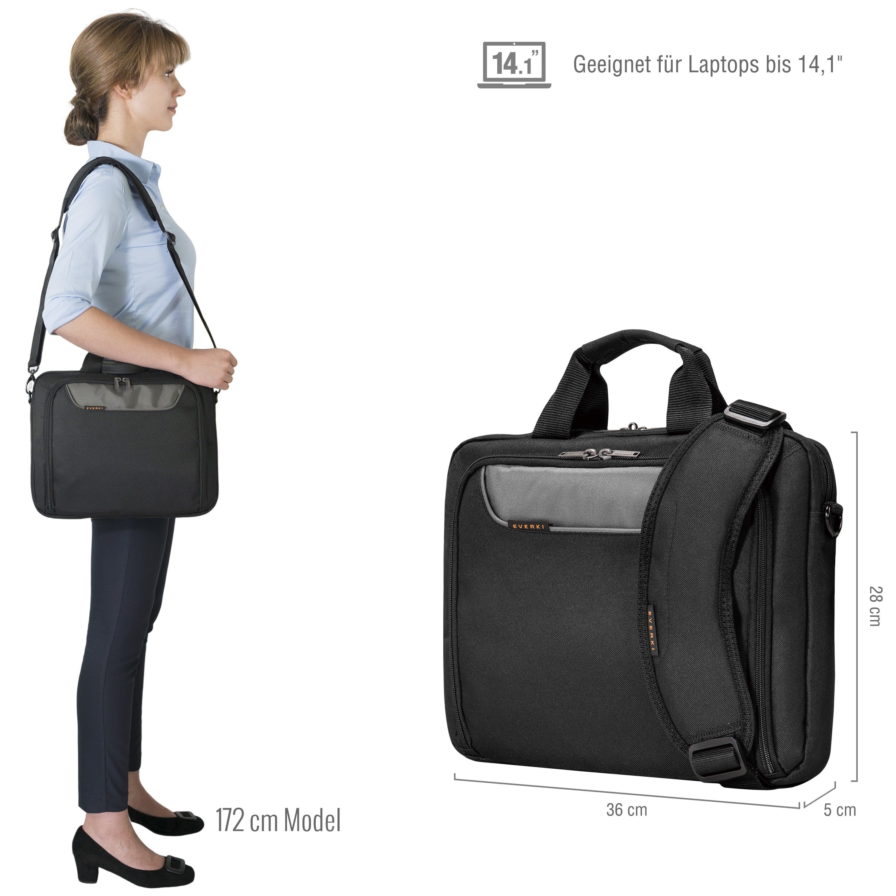 Everki Laptoptasche Advance Notebook Tasche (9,5 l, Viele Fächer), Business Laptop Aktentasche / Ergonomischer Schultergurt / Schwarz