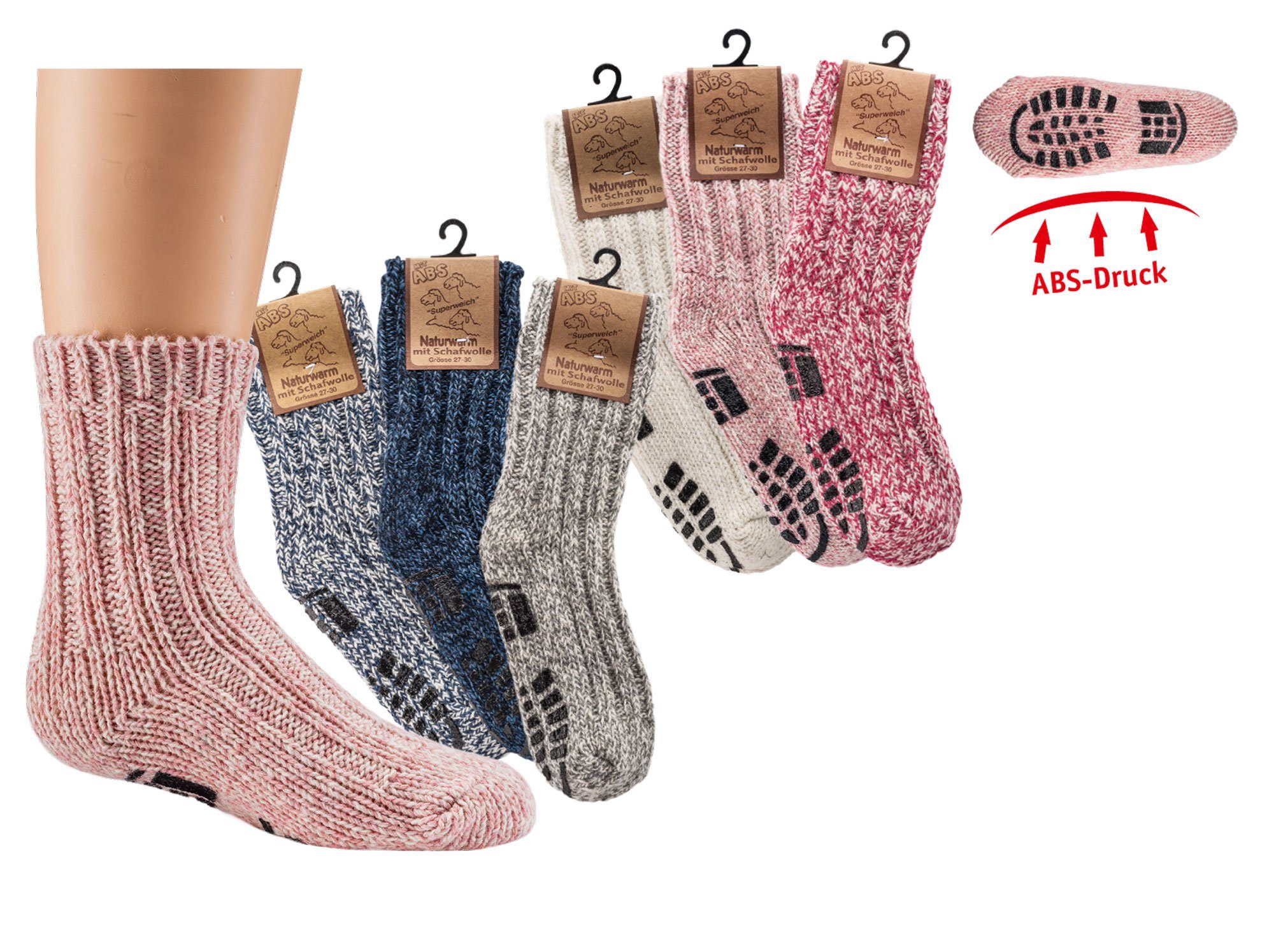 ABS Kinder für Paar ABS-Socken 3 Norwegersocken Babys & Wollweiß-Rosa-Rot-sortiert superweiche Stoppersocken 24 TippTexx