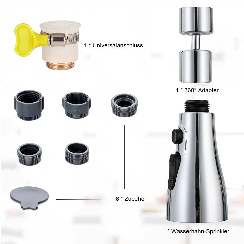 AFKSMILE Strahlregler Wasserhahn Aufsatz, 3 Modi Wasserhahn Luftsprudler mit Zubehör, 360° Drehbar Wassersparender für Wasserhahn Brause Küche Bad Aufsatz