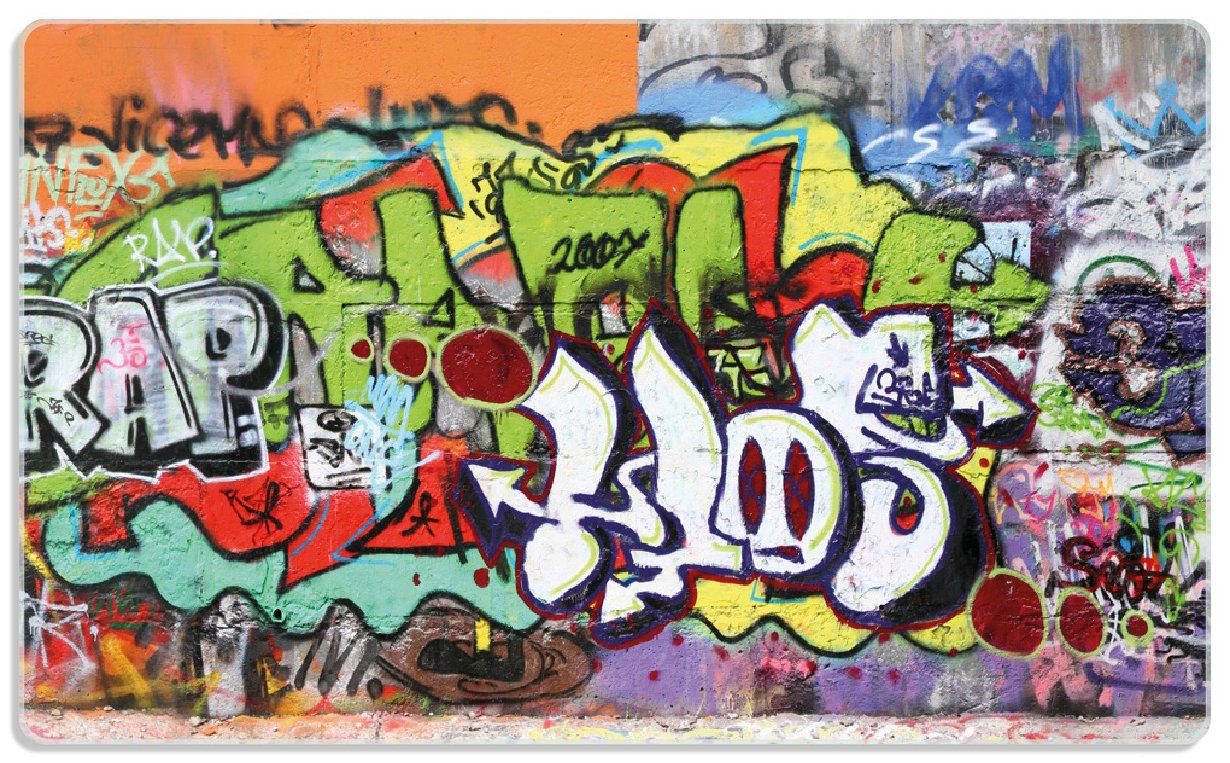 Wallario Frühstücksbrett RAP-Graffiti- Wand mit verschiedenen Tags,  ESG-Sicherheitsglas, (inkl. rutschfester Gummifüße 4mm, 1-St), 14x23cm