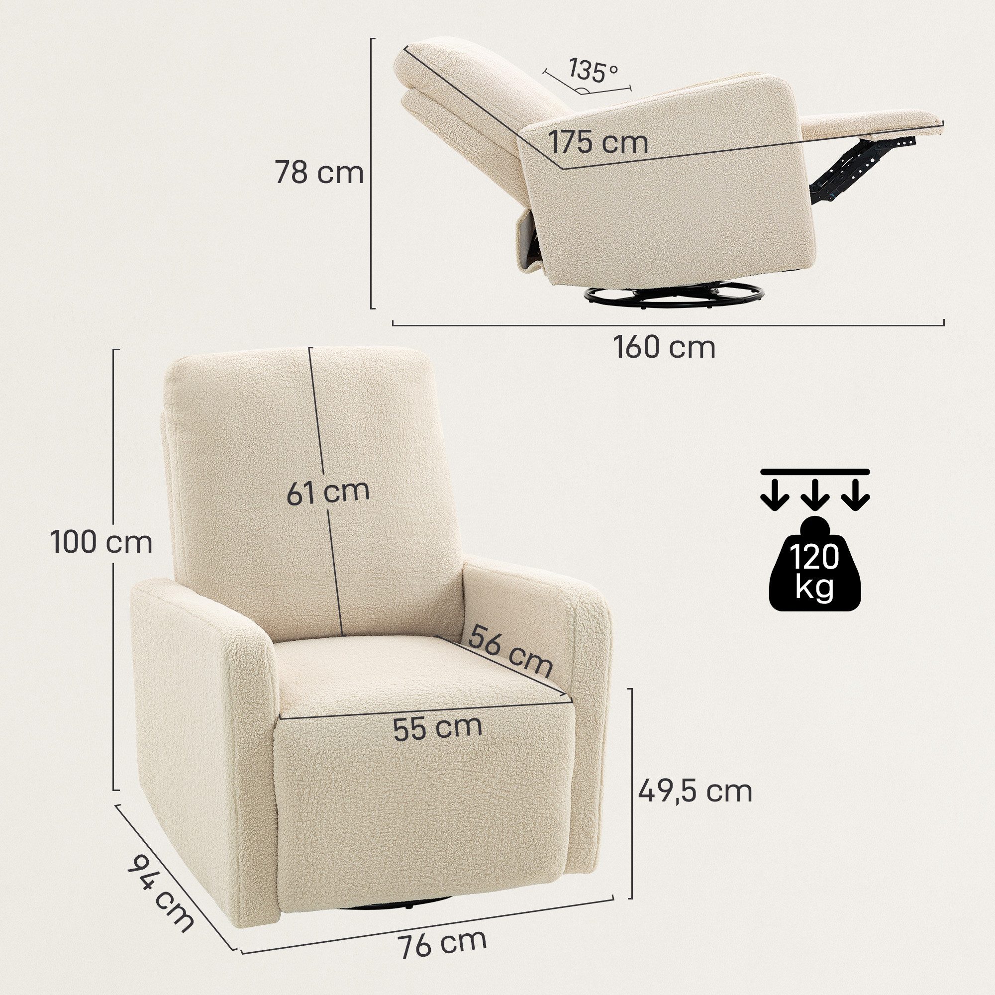 HOMCOM Relaxsessel TV-Sessel mit Fußteil, Ruhesessel für Wohnzimmer, Schlafzimmer (Liegesessel, 1-St., Fernsehsessel), 360° drehbar, Beige