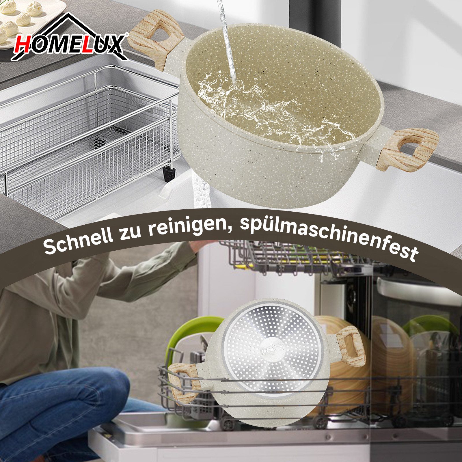 HOMELUX Topf-Set Kochgeschirr-Set, Induktions Töpfe Set, Antihaftbeschichtung, Aluminium, Edelstahl (Pfanne 24/28cm, Tiefe Bratpfanne 28cm, 12-tlg., Topf mit Dampfgarer 24cm, Milchtopf 16cm), Induktion