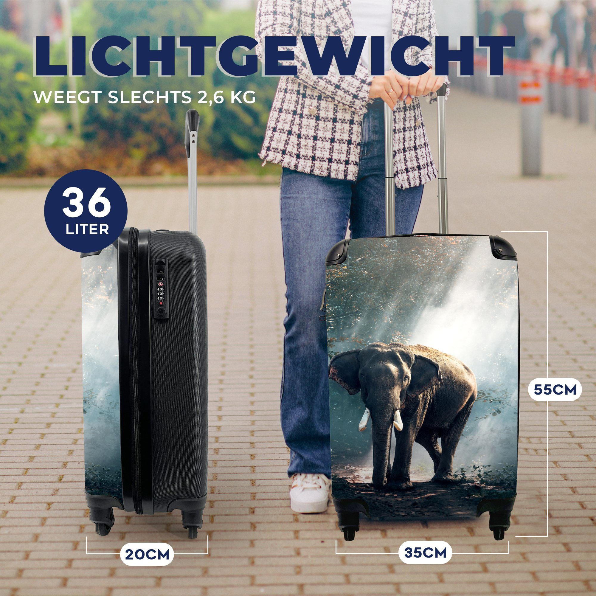 MuchoWow Handgepäckkoffer Elefant Reisetasche Wildtiere, Rollen, Tiere für mit - - Natur Trolley, 4 - rollen, Ferien, - Handgepäck Reisekoffer Licht - Wald