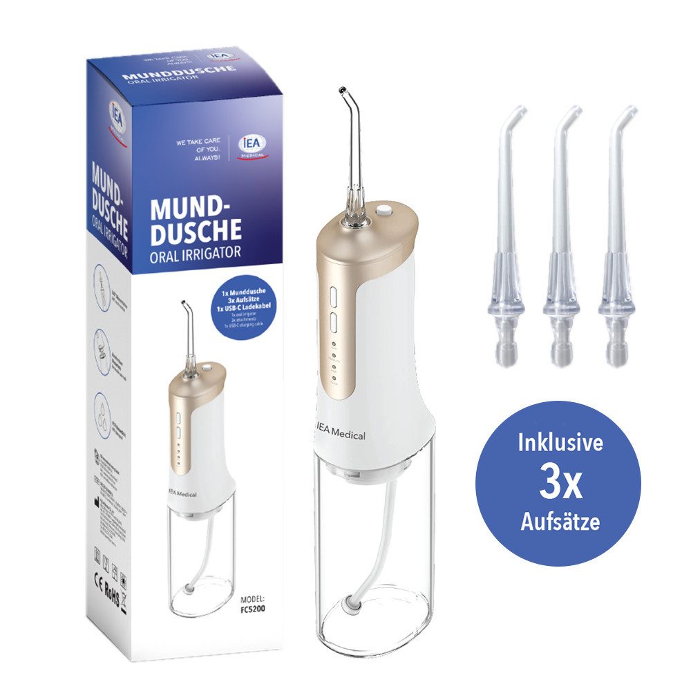 IEA Medical Munddusche Kabelloser Zahnzwischenraumreiniger, Aufsätze: 3 St., 3 Modi, 240 ml Tank, USB-C, kompakt für Zuhause & unterwegs