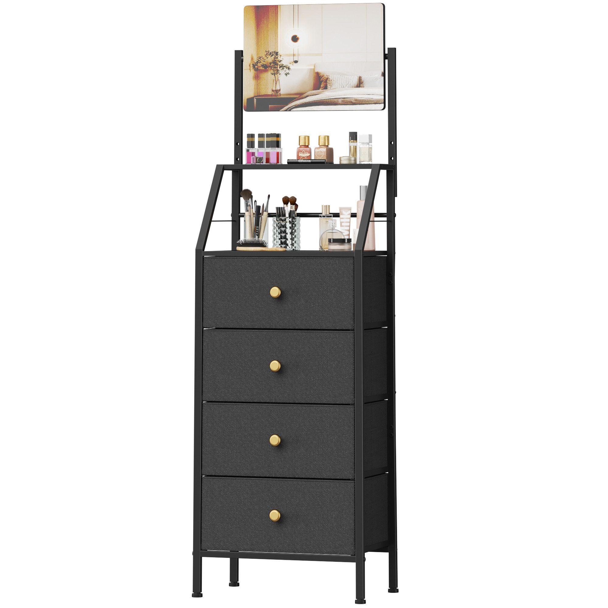 OYRREU Schminkschrank mit Spiegel, 4 Stoffschubladen, 147 cm hohe Kleiderkommode (2-in-1 Spiegel-Kommode) platzsparendes Hochdesign, kippsicher