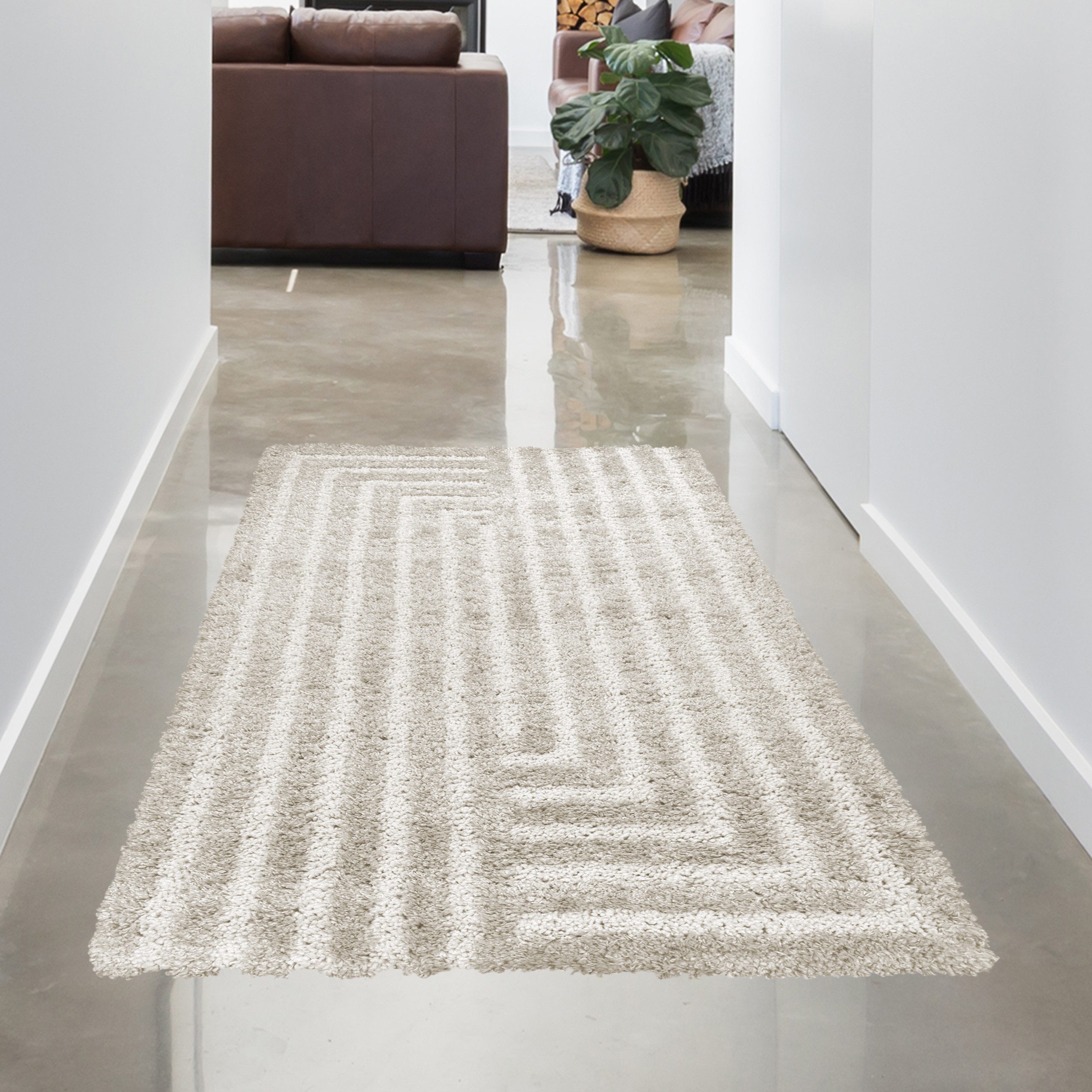 Carpetia Teppich Weicher Hochflor-Teppich mit Linien Muster Gemütlich & Modern in Beige, rechteckig