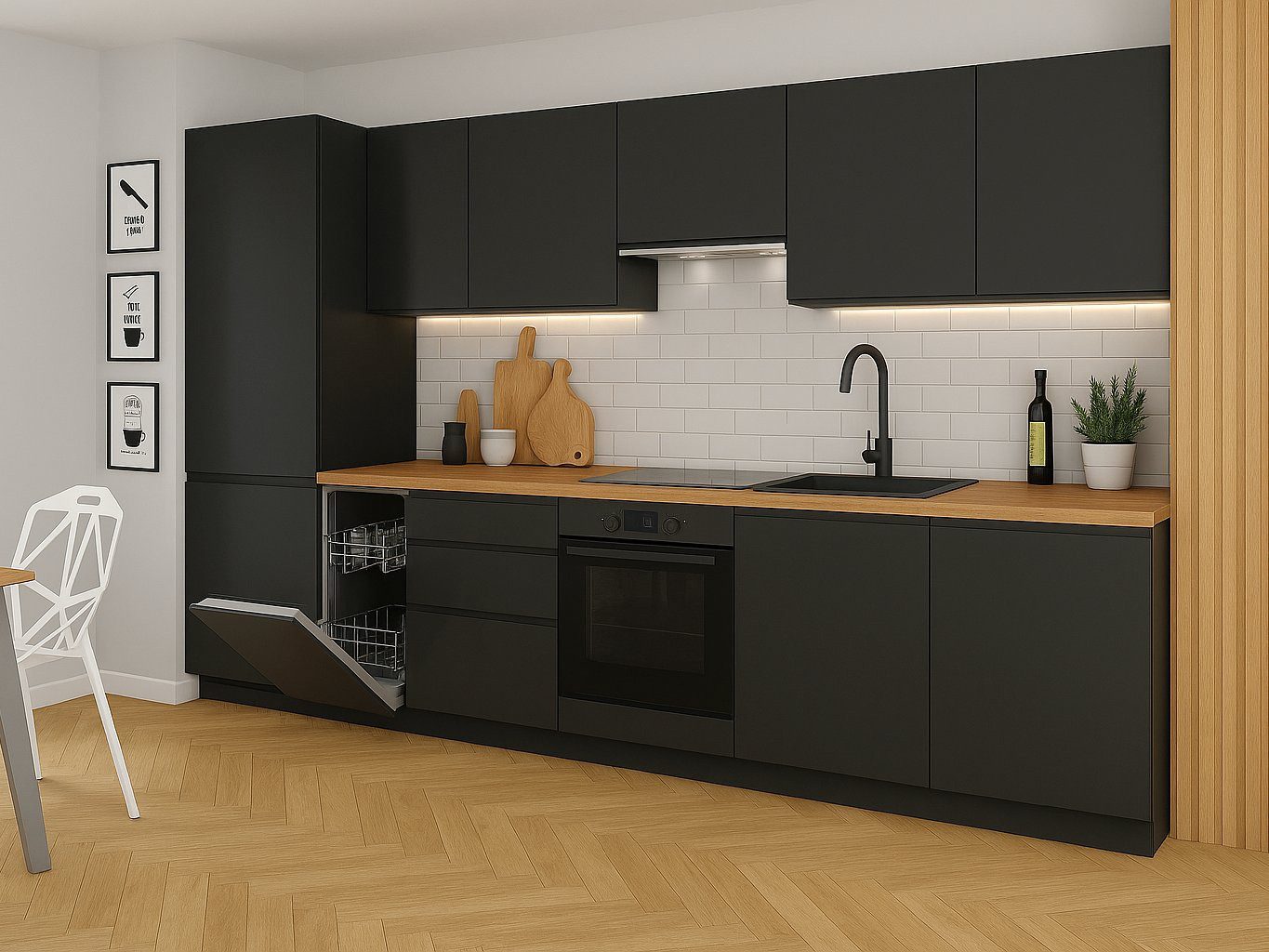 Möbel für Dich Küchenzeile Grifflose Einbauküche VELO 345 cm, 11-teilg, grifflose Fronten aus 19 mm Acrylplatte, Korpusstärke 18 mm