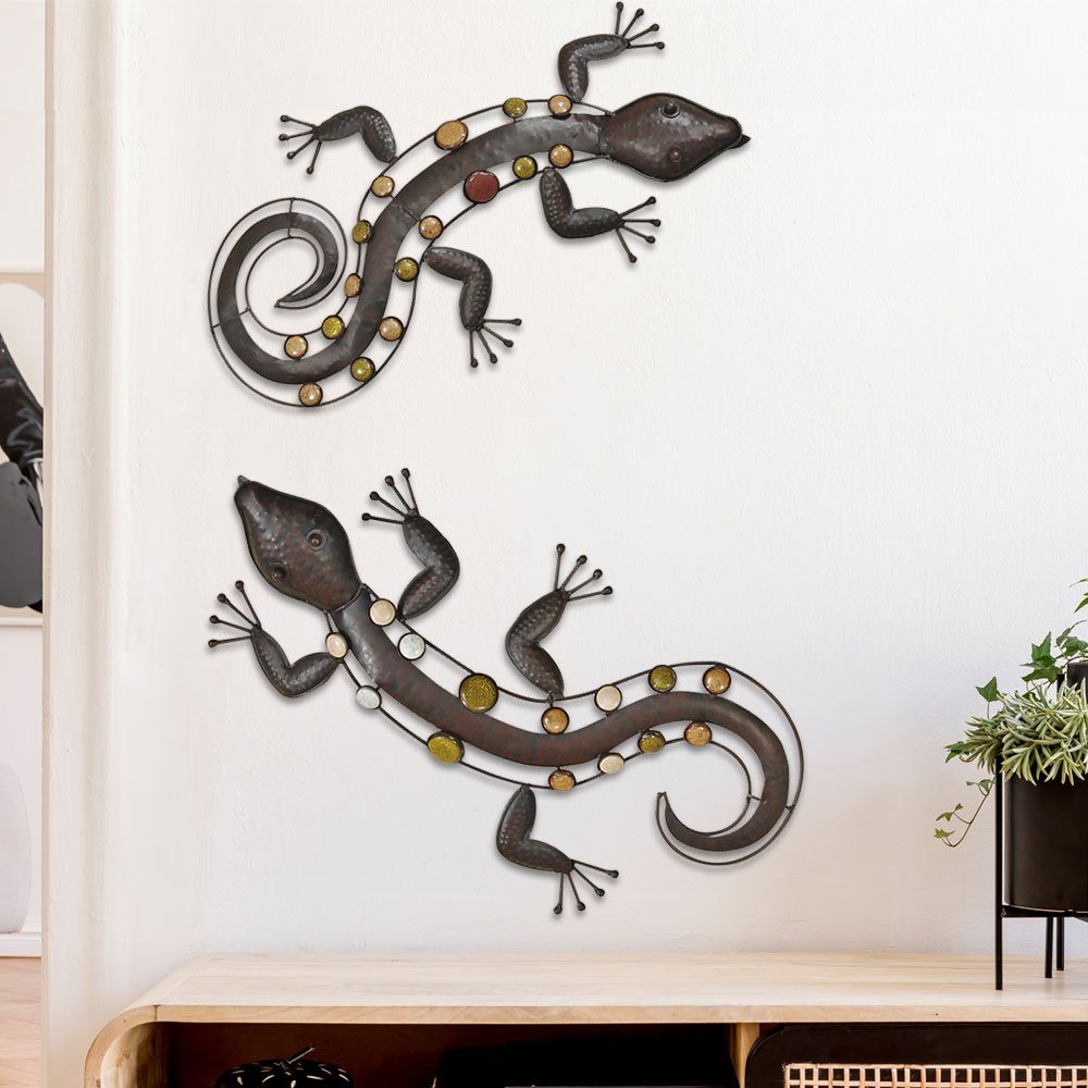 BOLTZE Wanddekoobjekt, 2er Set Wand Dekoration Wohn Ess Zimmer Salamander Gekko Steine bunt | Wandobjekte