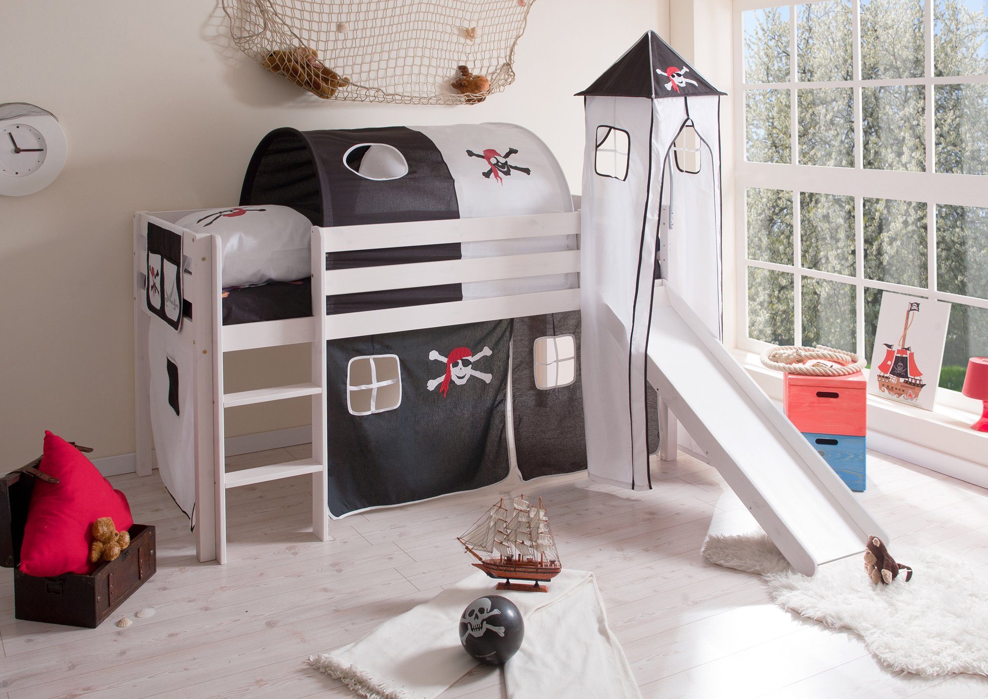 Ticaa Hochbett Rutschbett mit Turm "Kasper" Kiefer Weiß Motiv Weiß lackiert (Holzmaserung sichtbar), Breite mit Rutsche ca. 217cm