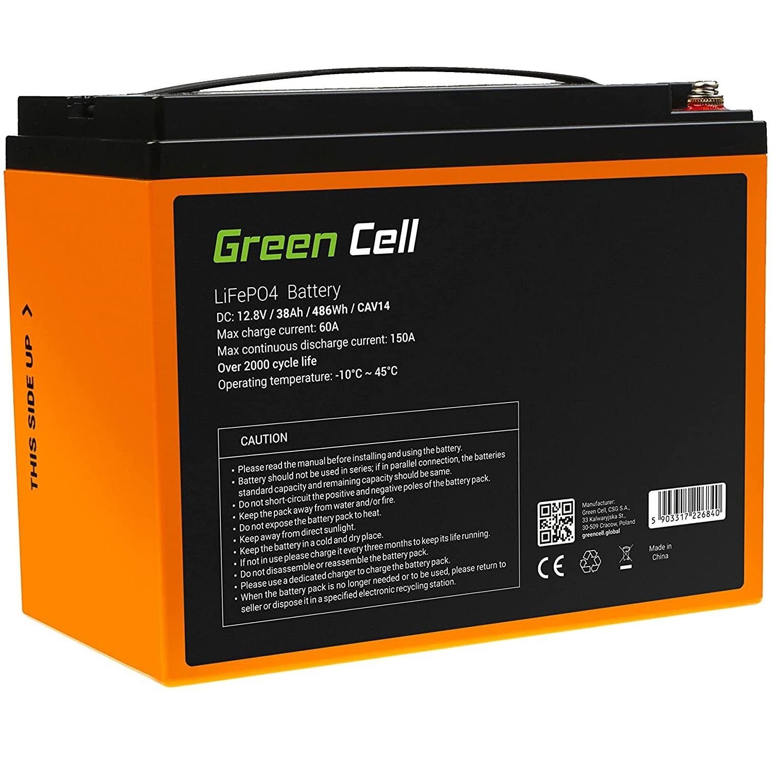 Green Cell LiFePO4 486 Wh Battery Lithium-Eisen-Phosphat-Akku 38 Ah Batterie,  (12.8 V), Spannung 12.8V, Spitzenentladestrom: 150A