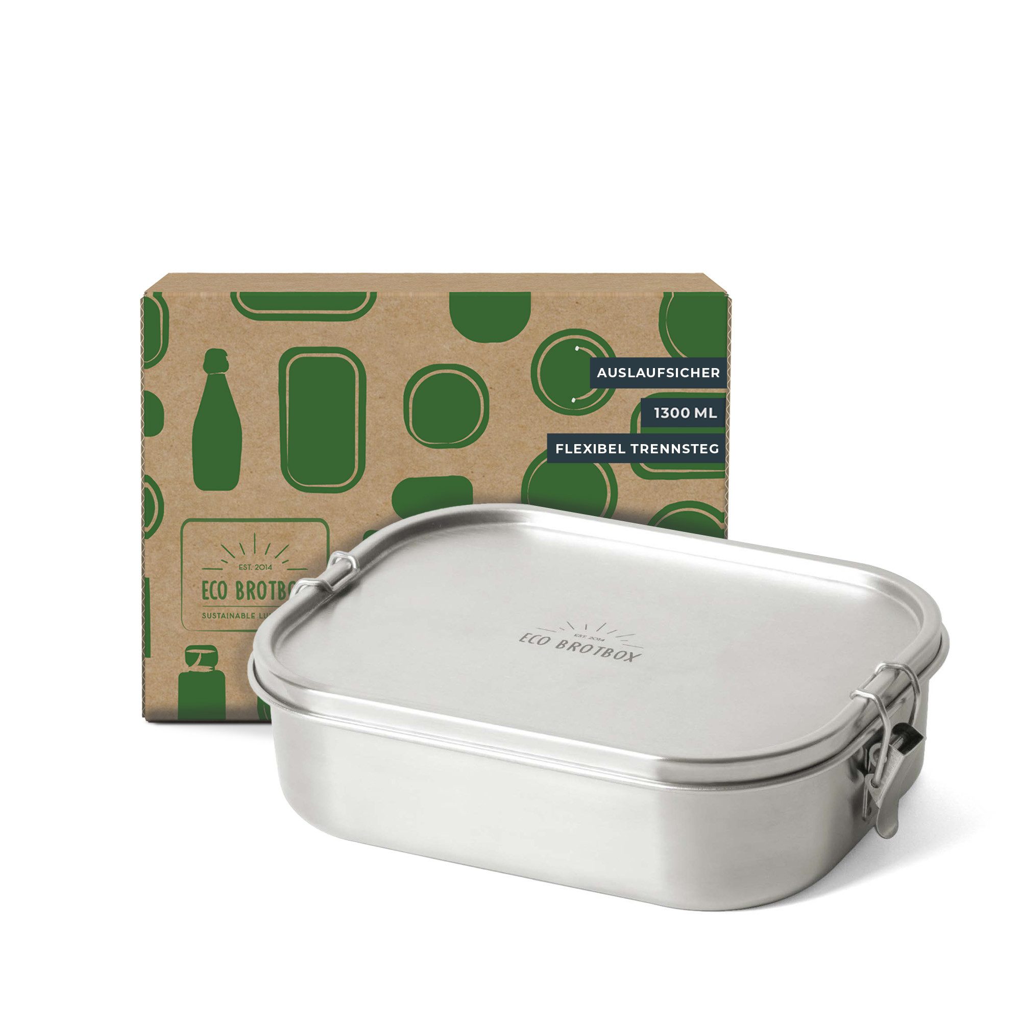 ECO Brotbox Lunchbox Bento Flex+, Edelstahl, Brotdose aus Edelstahl 1,3 L, Auslaufsicher mit flexiblen Trennsteg