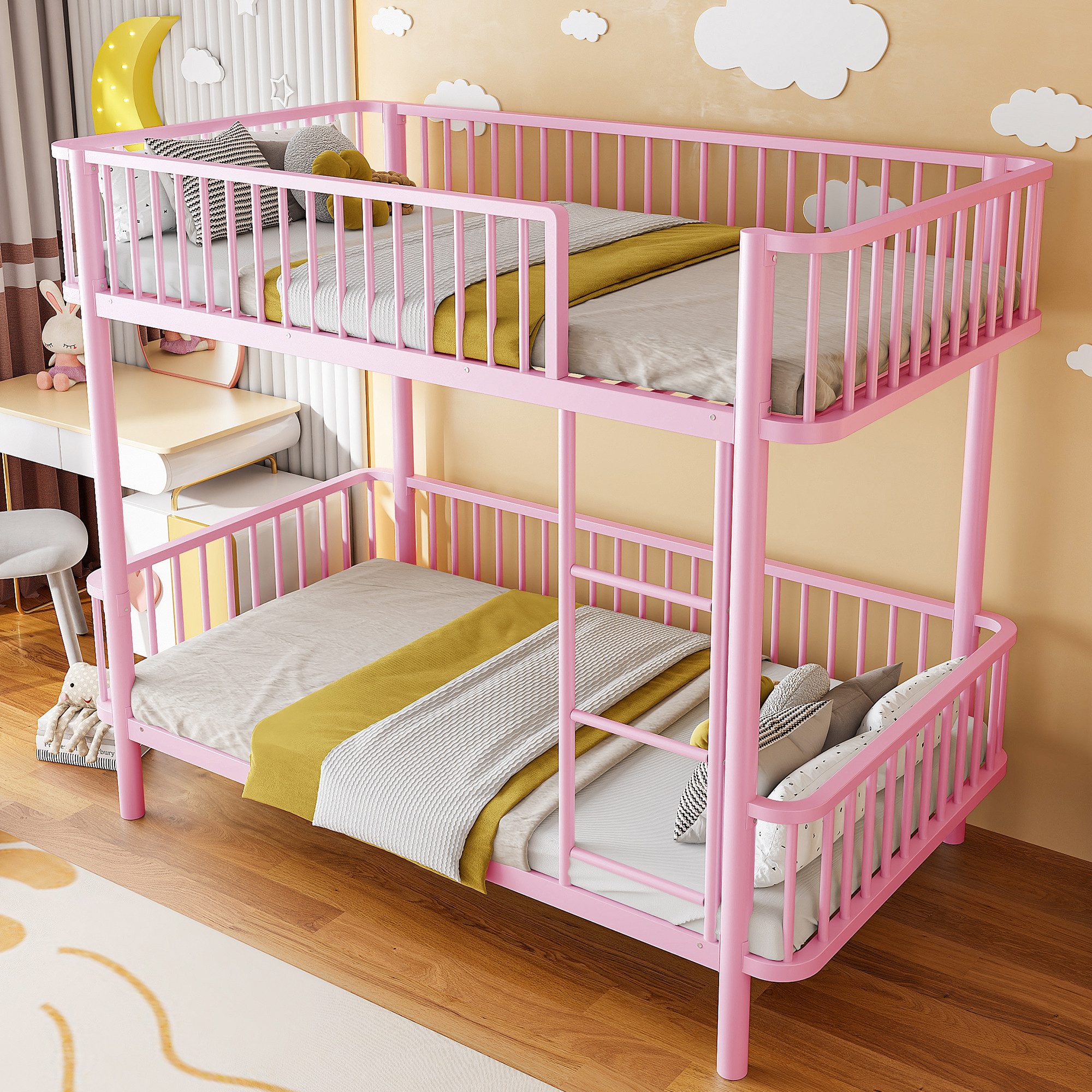 Flieks Etagenbett, Metall Kinderbett 90x200cm mit abgerundeten Ecken, Sicherheitsgeländer
