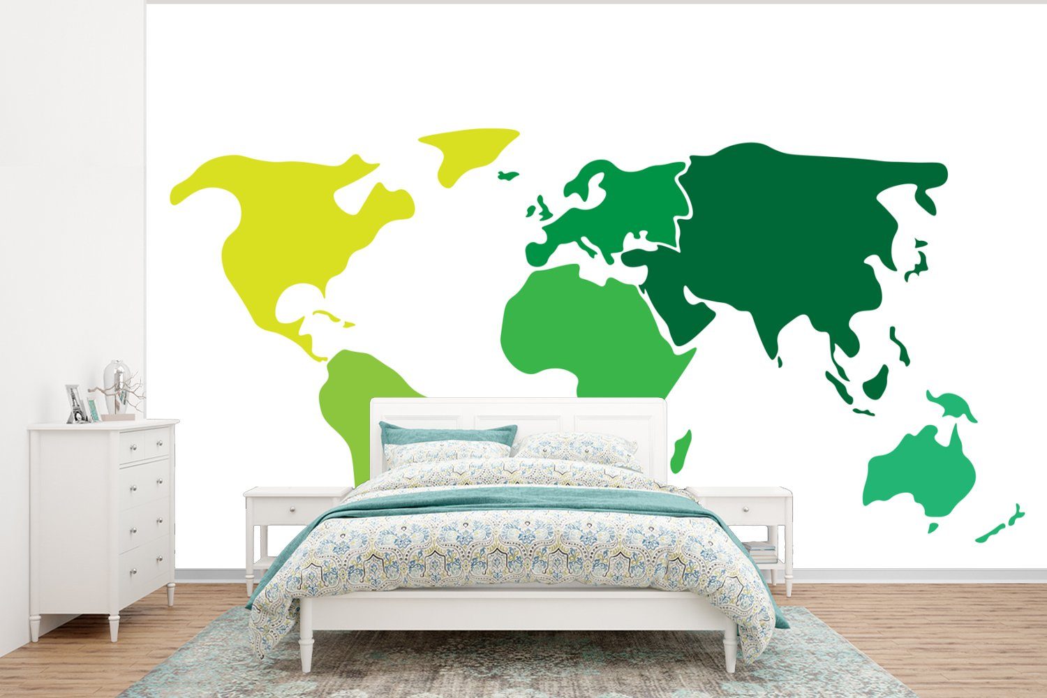 MuchoWow Fototapete Weltkarte - Einfach - Grün, Matt, bedruckt, (6 St), Wallpaper für Wohnzimmer, Schlafzimmer, Kinderzimmer, Vinyl Tapete