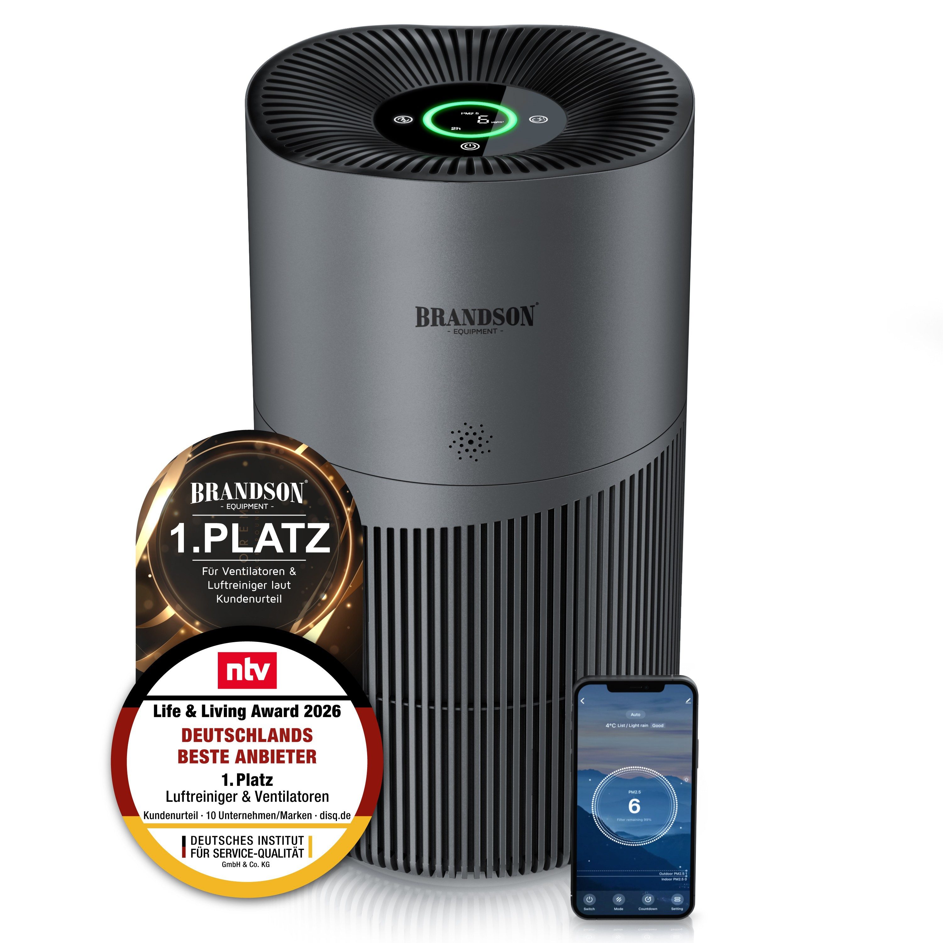 Brandson Luftreiniger für Allergiker, HEPA 13 + Aktivkohle, WLAN-App, 402 m³/h, 90 m², für 90 m² Räume, PM2,5-Anzeige, 4 Geschwindigkeiten, Timer und Kindersicherung