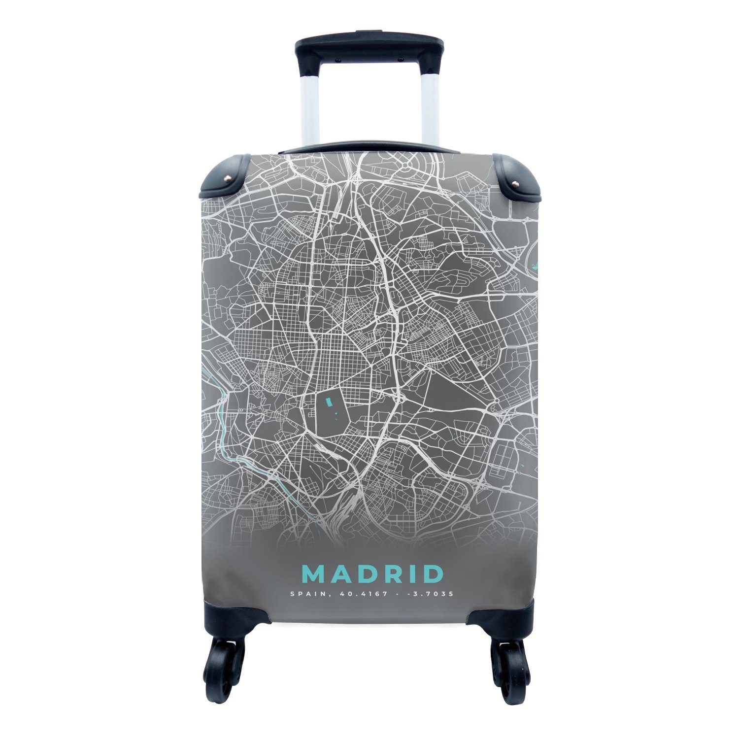 MuchoWow Handgepäckkoffer Madrid - Blau - Karte - Stadtplan, 4 Rollen, Reisetasche mit rollen, Handgepäck für Ferien, Trolley, Reisekoffer