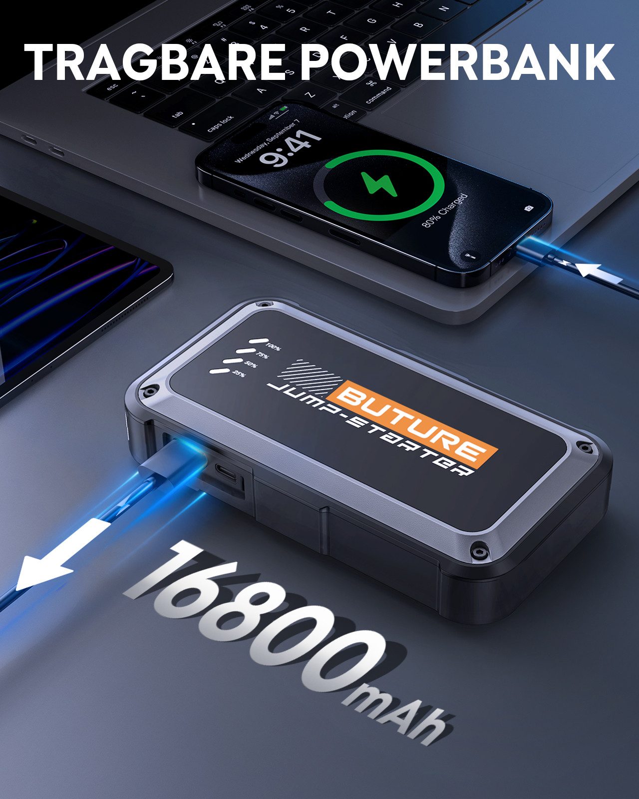 Buture Auto Starthilfe Powerbank 4000A 12V Starthilfegerät 16800 mAh (12 V), 4-in-1 LED-Leuchte, 9,0L Benzin Oder 8,5L Diesel, -20°C bis 60°C – Bild 3 von 5