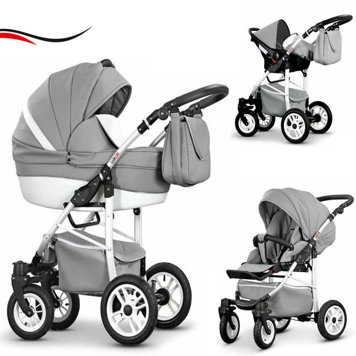 babies-on-wheels Kombi-Kinderwagen 3 in 1 Kinderwagen-Set Cosmo ECO - 16 Teile - in 29 Farben Grau-Weiß Kunstleder