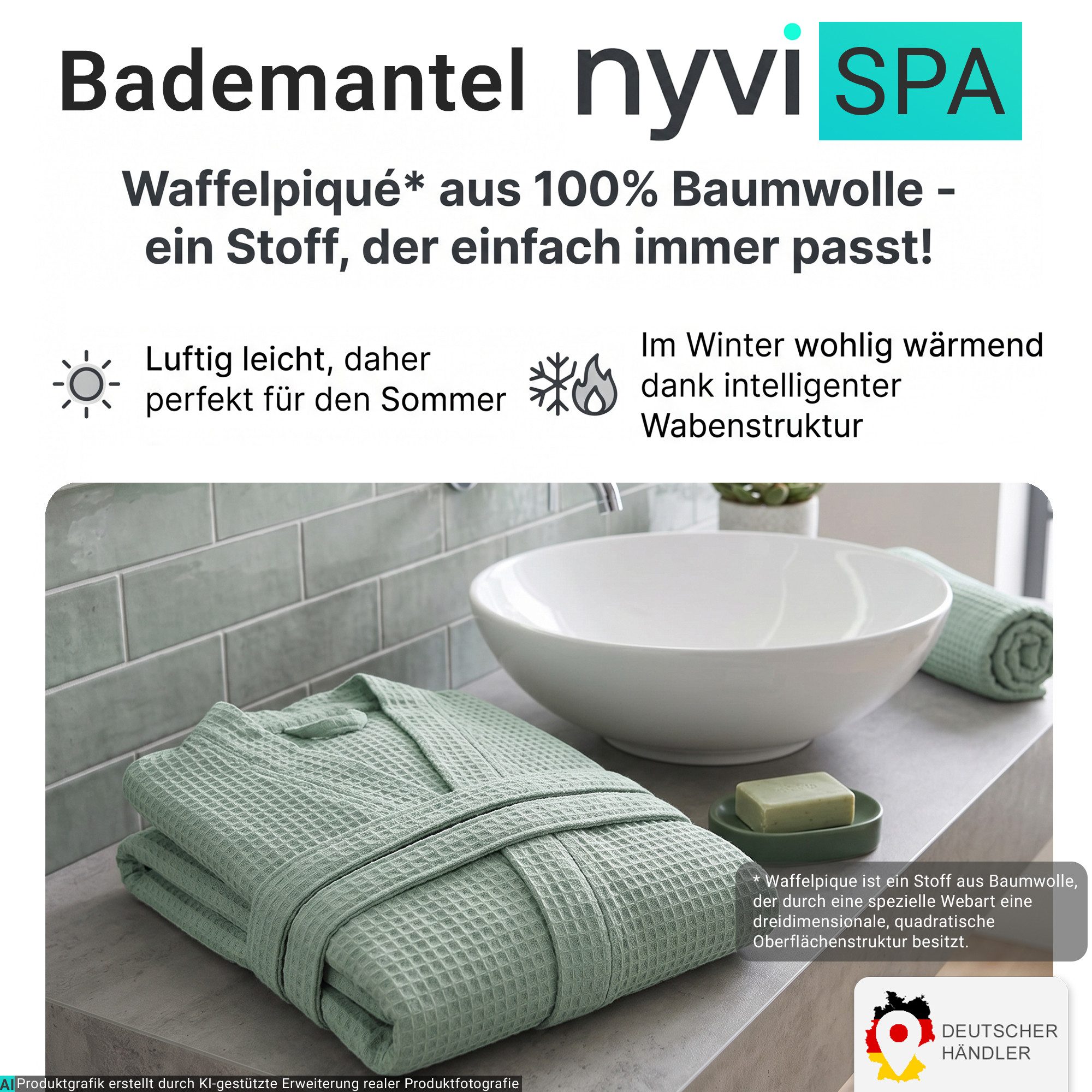 NYVI Bademantel Bademantel NYVISpa Waffelpique Baumwolle Unisex für Damen & Herren, Waffelpiqué, Schalkragen, Luftig Leicht Atmungsaktiv - perfekt für Sommer - für Männer & Frauen