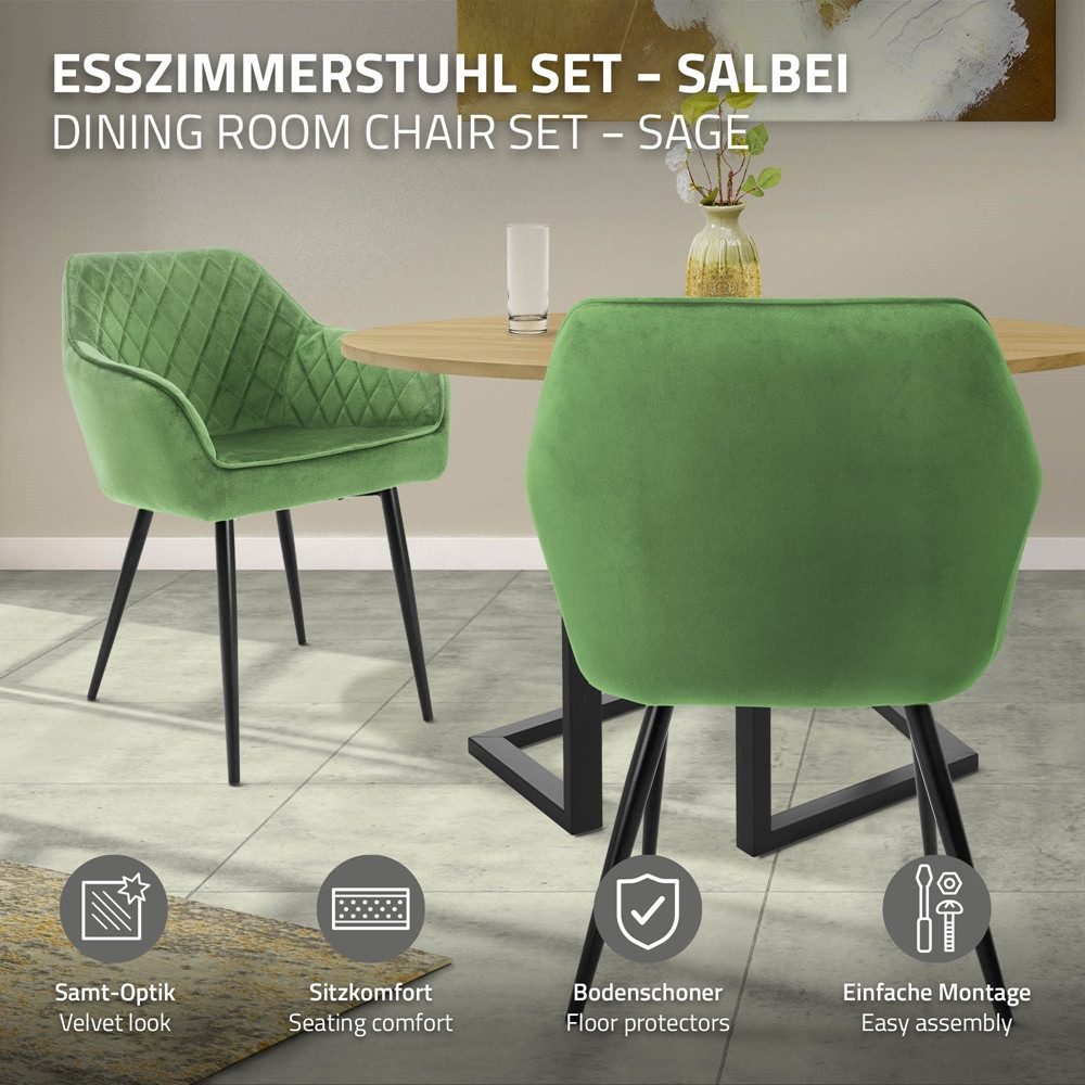ML-DESIGN Polsterstuhl Esszimmerstühle mit Rücken- & Armlehne moderne Design Küchenstühle (6 St), Esstischstühle 6er Set Samt Bezug Salbei Wohnzimmerstuhl bis 120kg