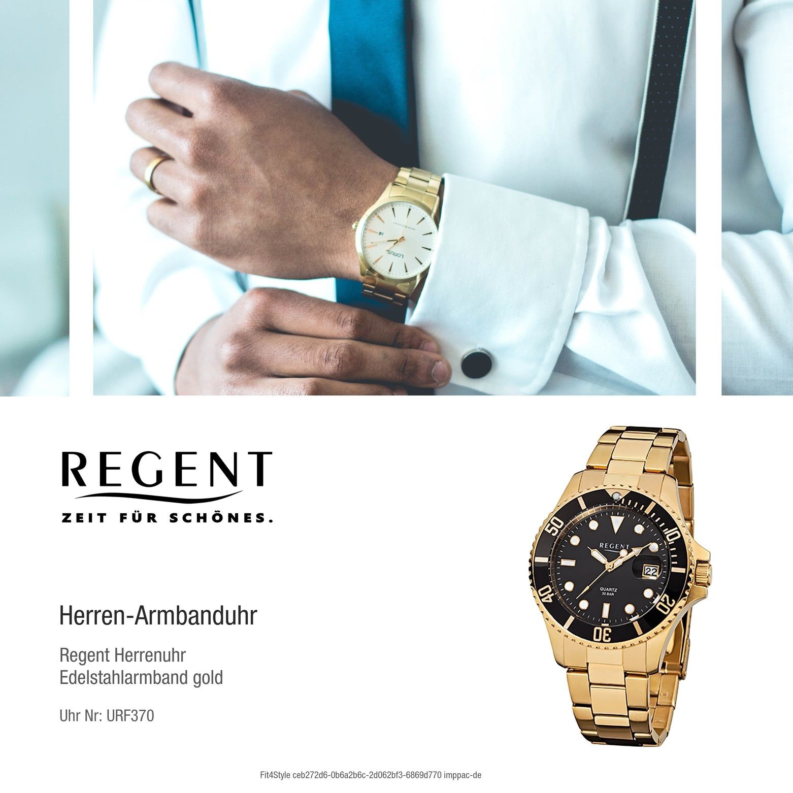 ionenplattiert Herren-Armbanduhr groß gold F-370, 40mm), rund, (ca. Regent Edelstahl, Armbanduhr Herren Analog Quarzuhr Regent