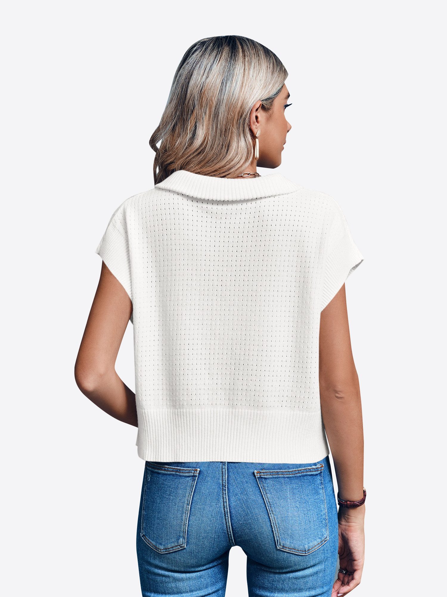 Imily Bela Strickpullover Damen Kurzarm Pullover mit Halbreißverschluss (Packung, 1-tlg., 1per-Pack) hochschließender Kragen