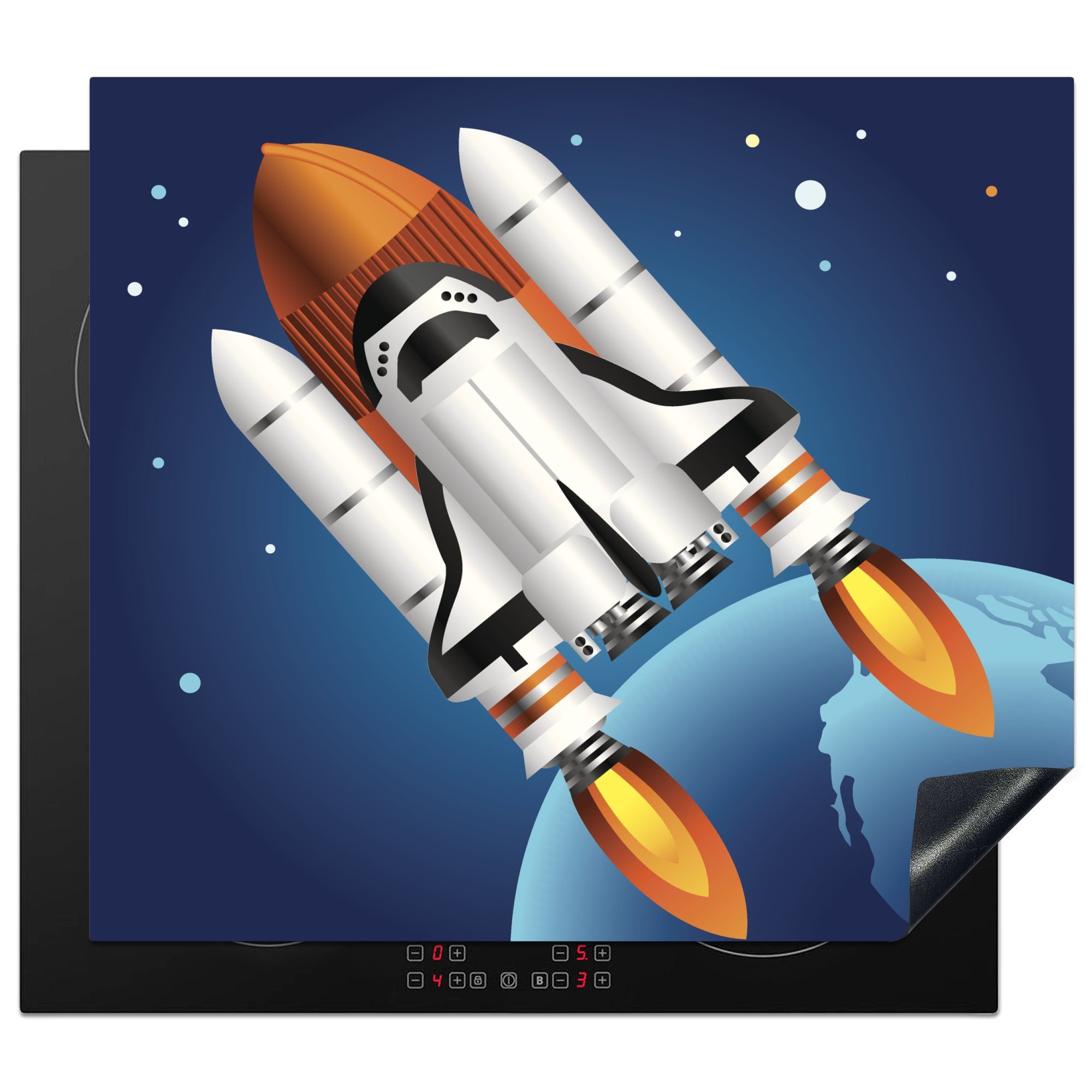 MuchoWow Herdblende-/Abdeckplatte Eine Illustration eines Space Shuttles auf einer Rakete, Vinyl, (1 tlg), 57x51 cm, Induktionsschutz, Induktionskochfeld, Ceranfeldabdeckung