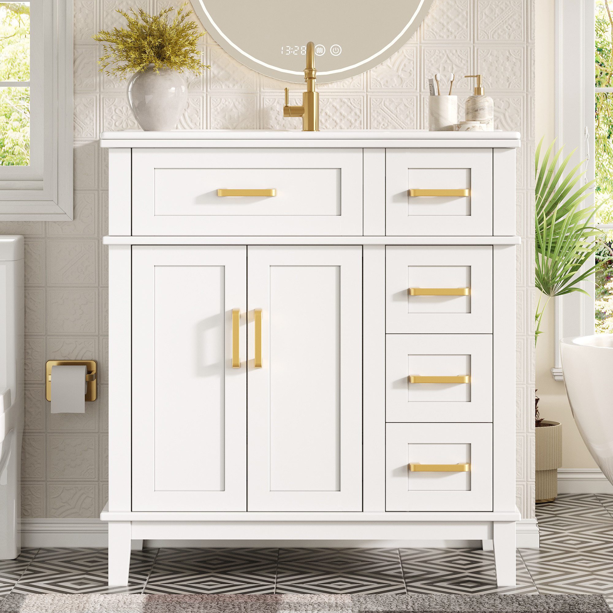 HAUSS SPOLE Waschtisch mit Waschbecken,Badezimmerschrank Badschrank mit Überlaufschutz (Waschbeckenunterschrank mit integriertem Keramikbecken und funktionaler Stauraumlösung für Badezimmer), Mehrstufiges Stauraumsystem mit Schubladen und Türen