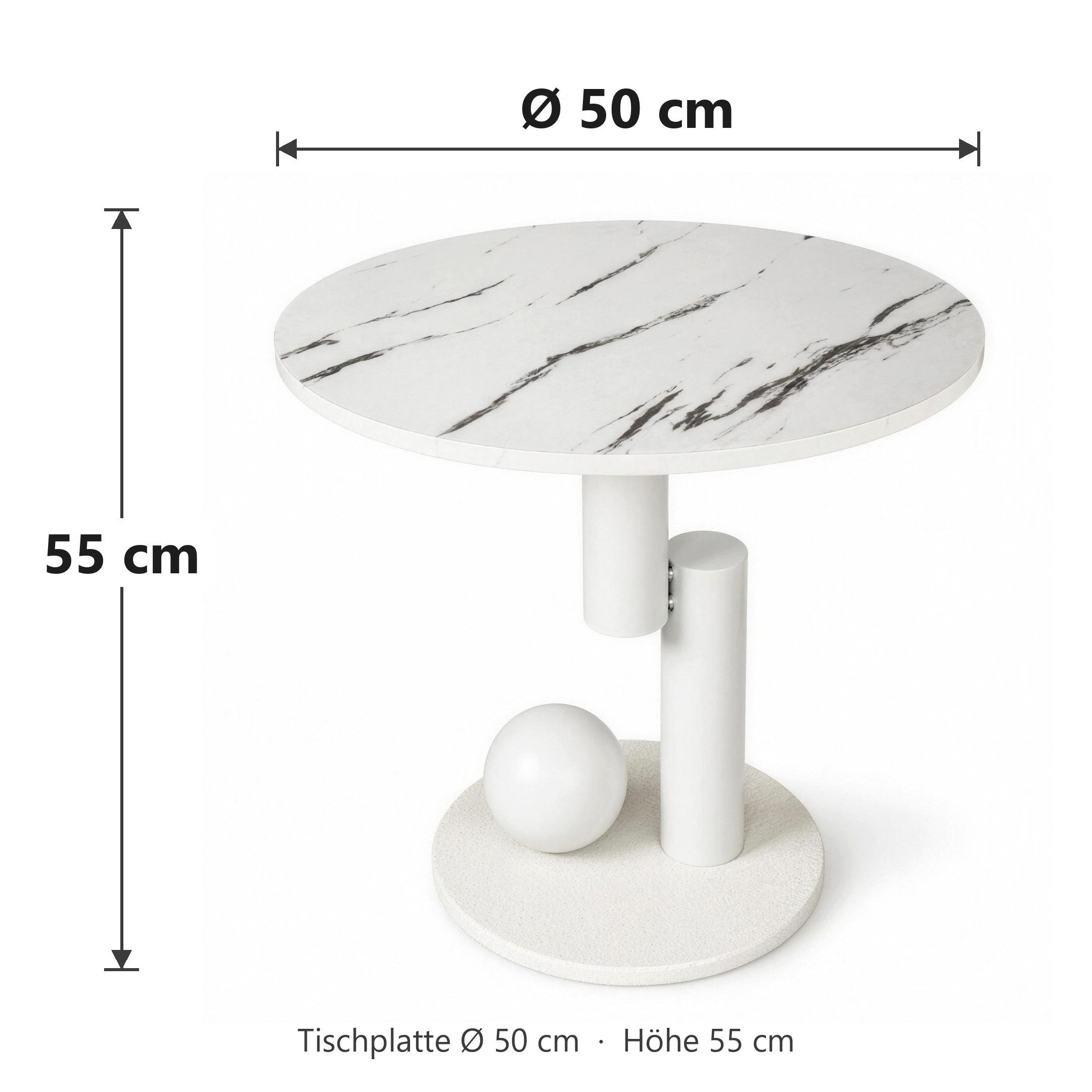 H-basics Beistelltisch rund Ø 50 cm Marmor-Optik Weiß mit Marmorsockel, Marmor-Optik mit Sockel aus Marmor und Deko-Kugel